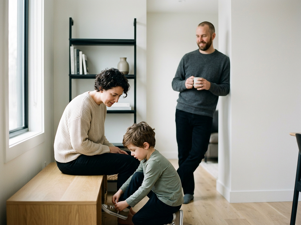 A woman helping a young boy put on his shoe while a man stands in the background holding a mug and smiling.