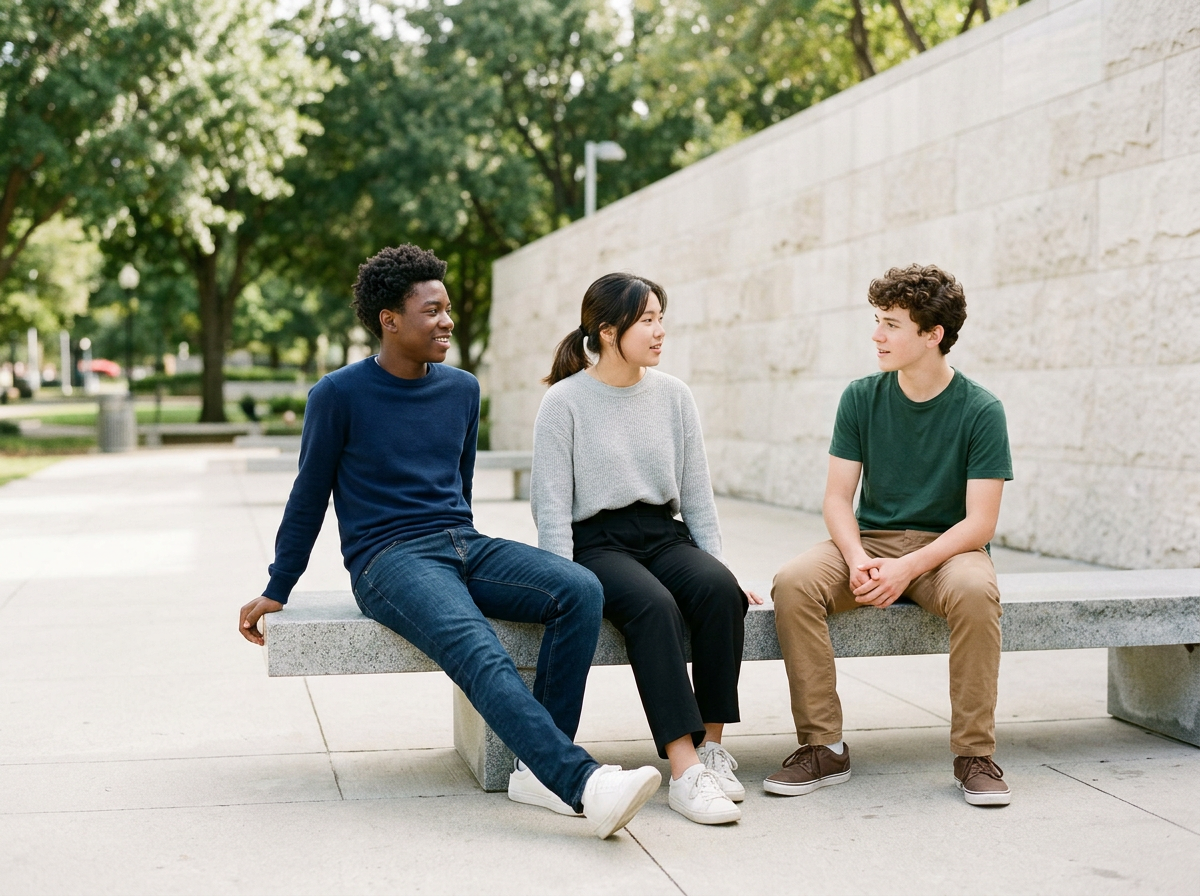 Three young people sitting on a stone bench outdoors, engaged in conversation, with trees and a stone wall behind them.