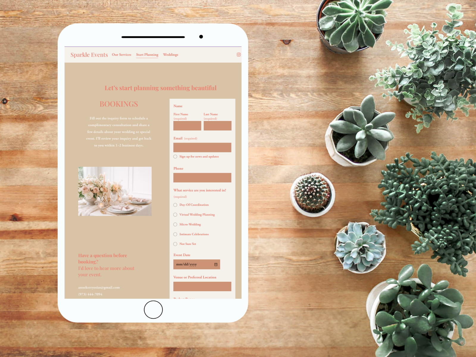 Wedding planning website design displayed on a mobile device