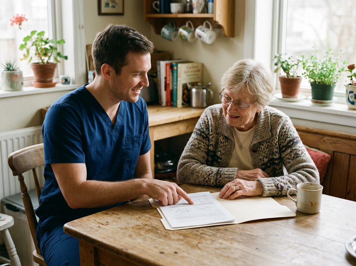 A young man in medical scrubs and an elderly woman sit at a wooden table in a cozy kitchen, looking at documents and smiling.