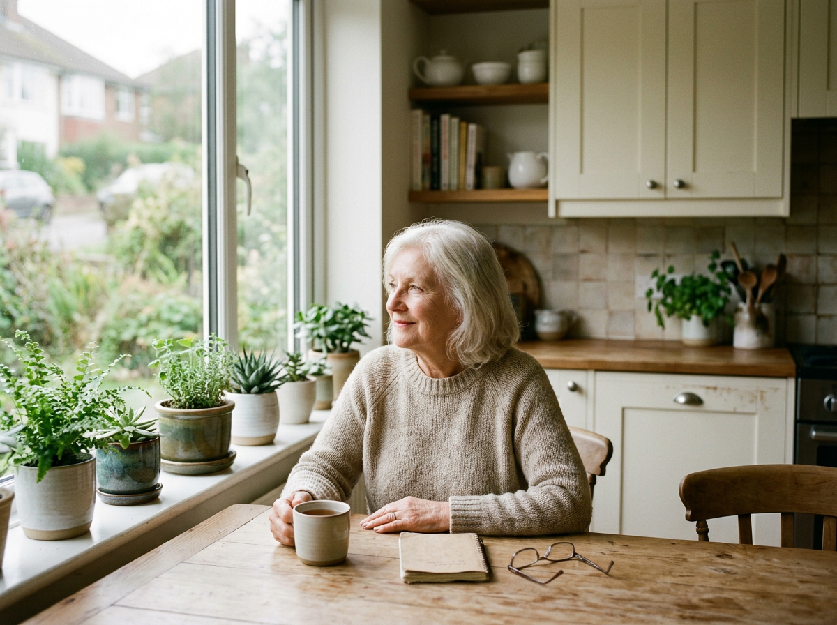 An elderly woman with gray hair sitting at a wooden table in a kitchen, holding a cup and looking out the window with a peaceful expression. There are several potted plants on the windowsill, a notebook and glasses on the table.