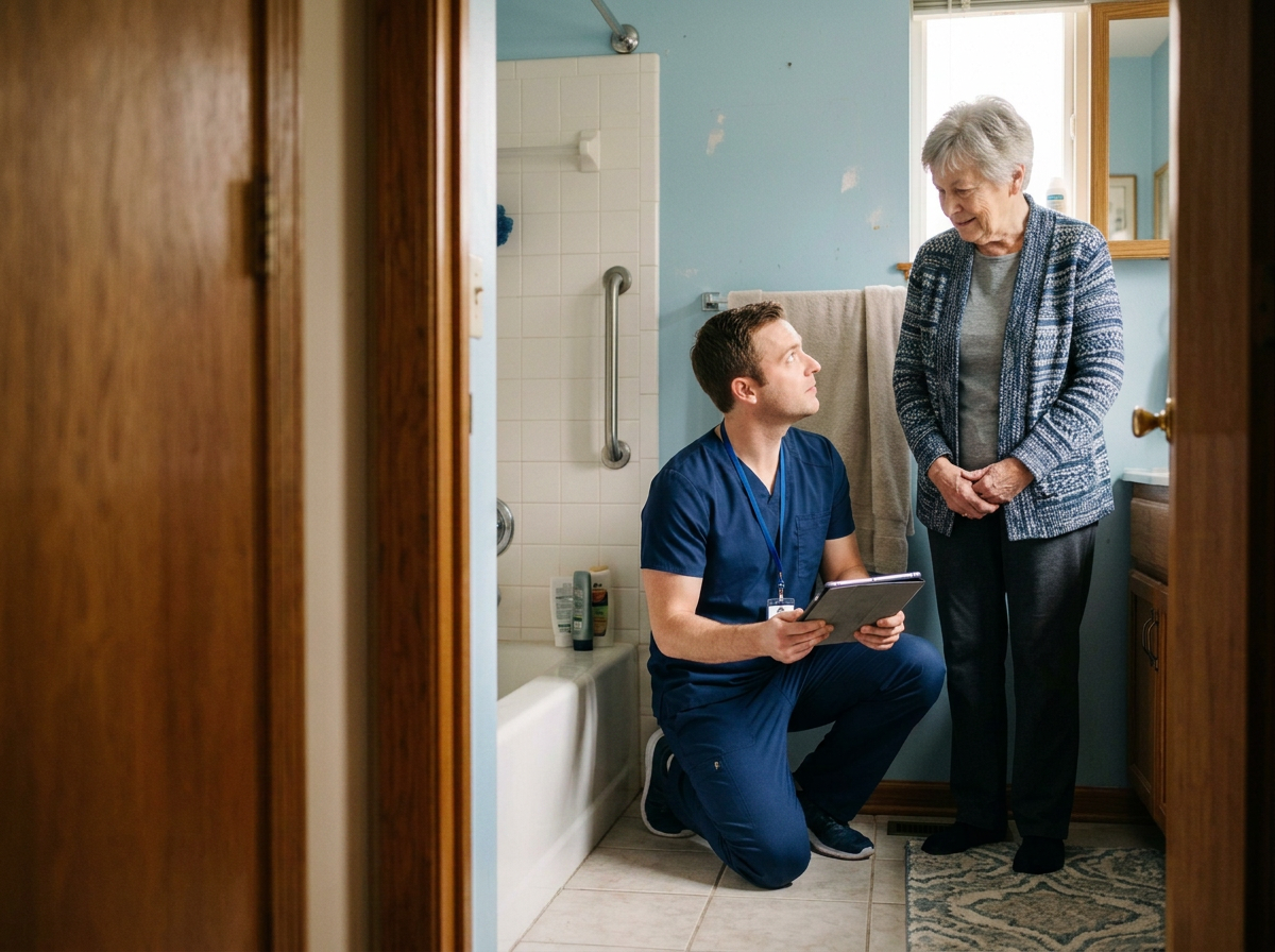 A young male healthcare worker in navy scrubs kneeling in a bathroom, speaking with an older woman with gray hair, wearing a cardigan, near a bathtub with toiletries, in front of a window.