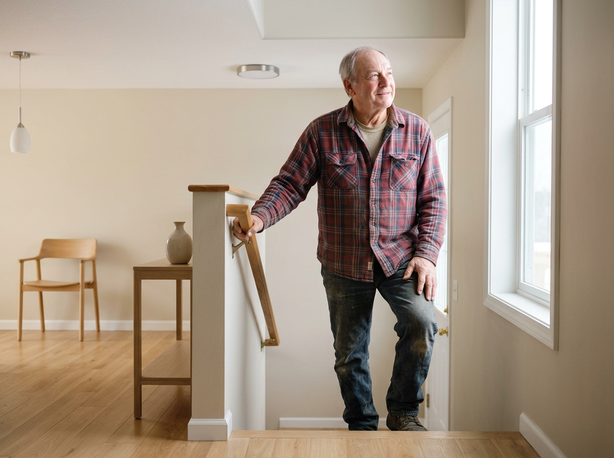 An elderly man with gray hair looking out the window in a bright room, standing on stairs, holding onto the railing, wearing a plaid shirt and jeans.