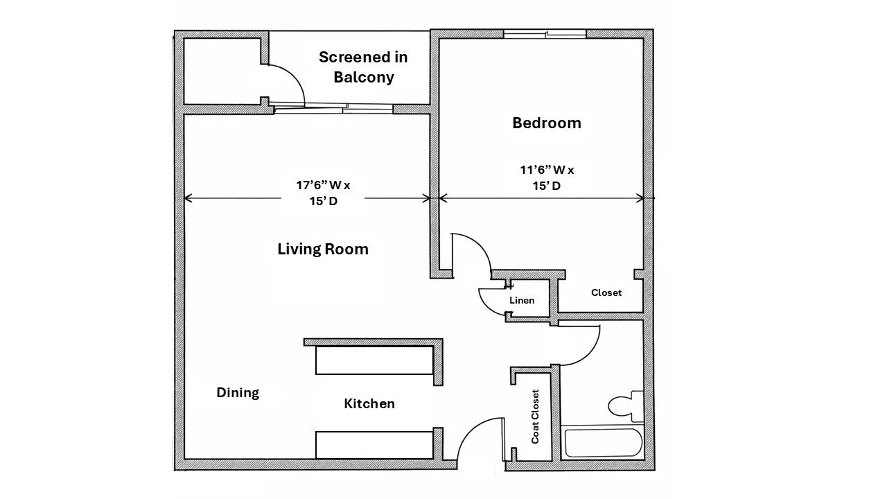 Floor plan of an apartment with labeled rooms including a living room, bedroom, kitchen, dining area, bathroom, and balconies.