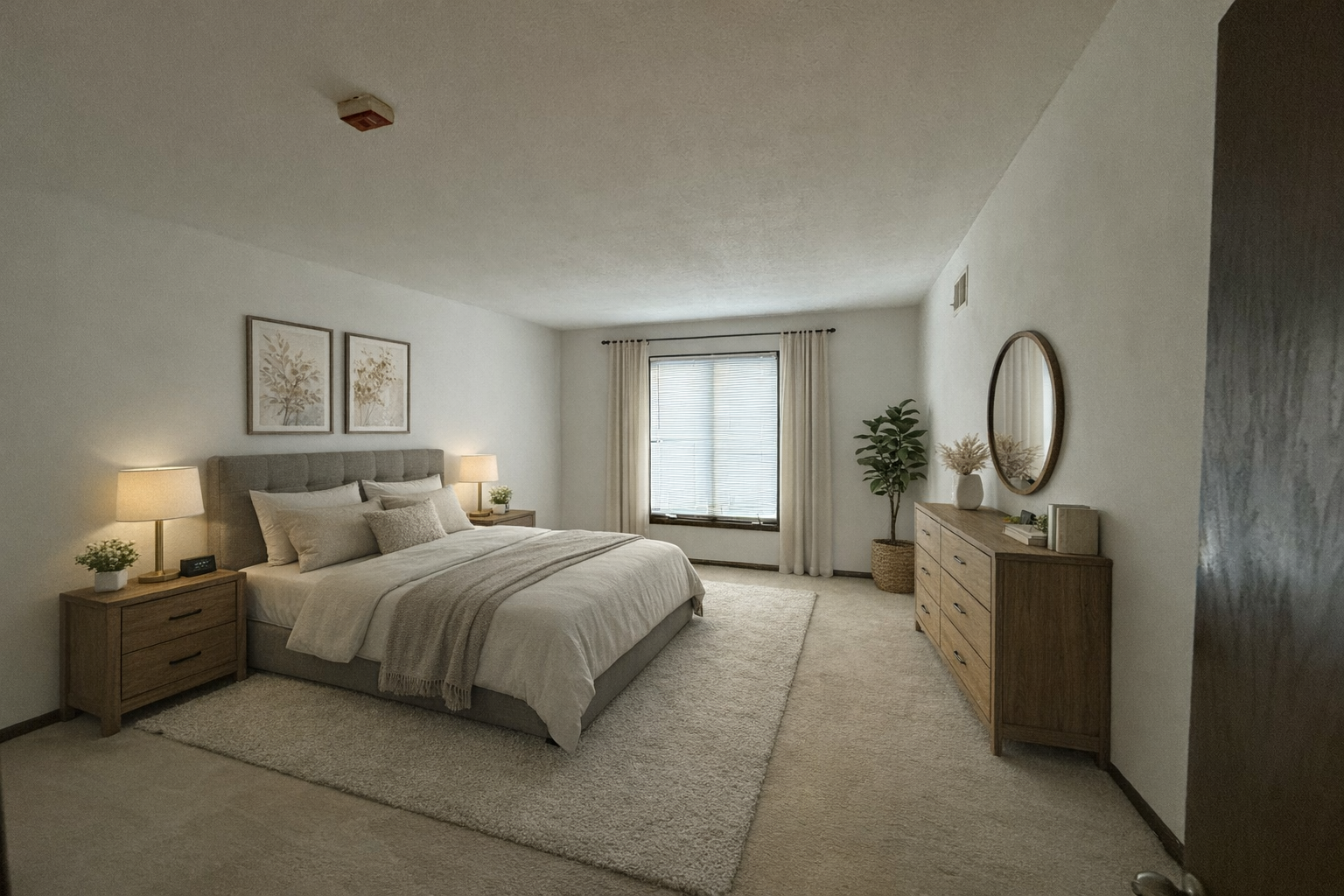 A bedroom with a large bed, nightstands, lamps, framed botanical art, a dresser with a round mirror, a large window with curtains, and a potted plant.