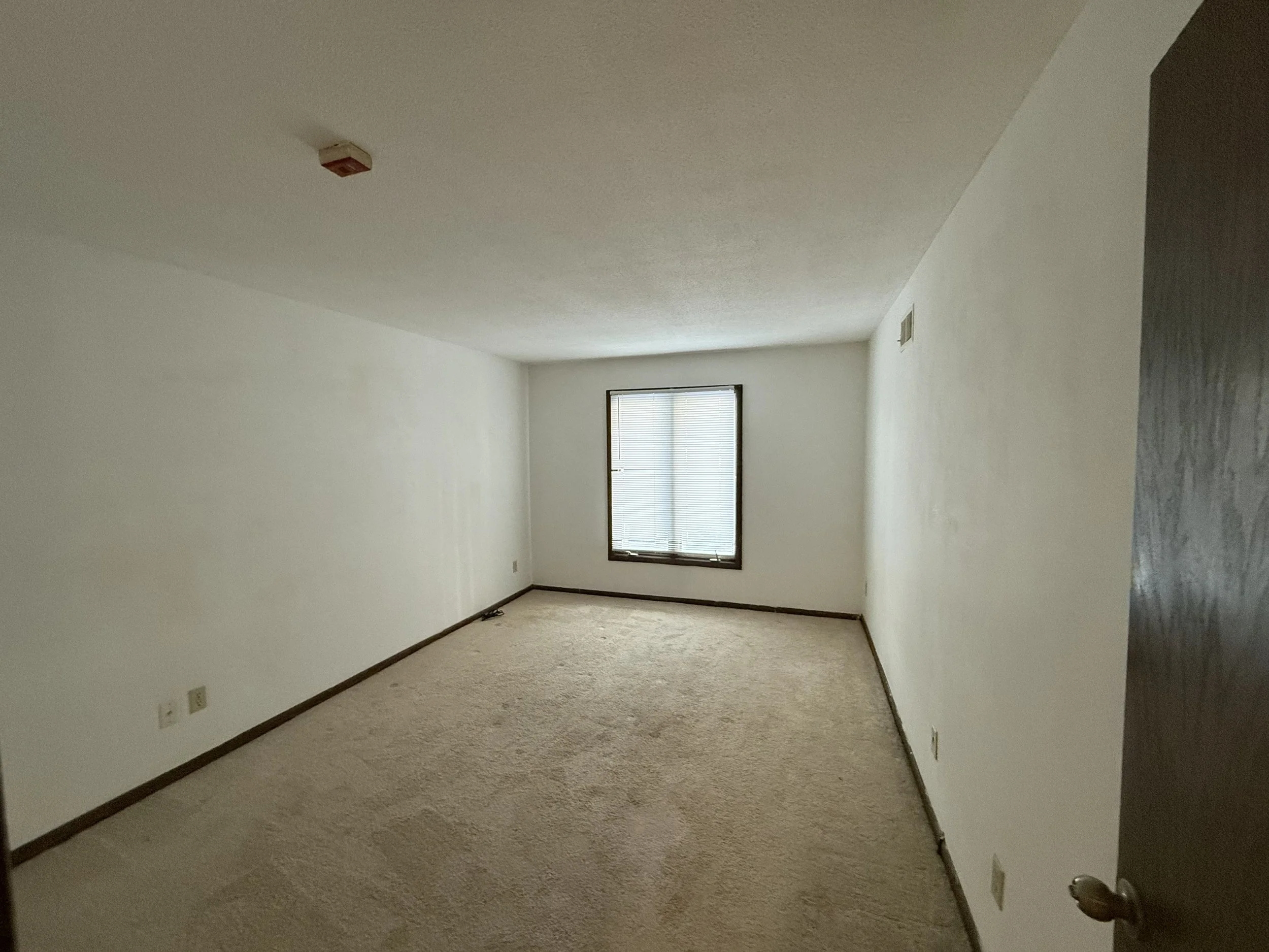 Empty room with beige carpet, white walls, a window with blinds, and a smoke detector on the ceiling.