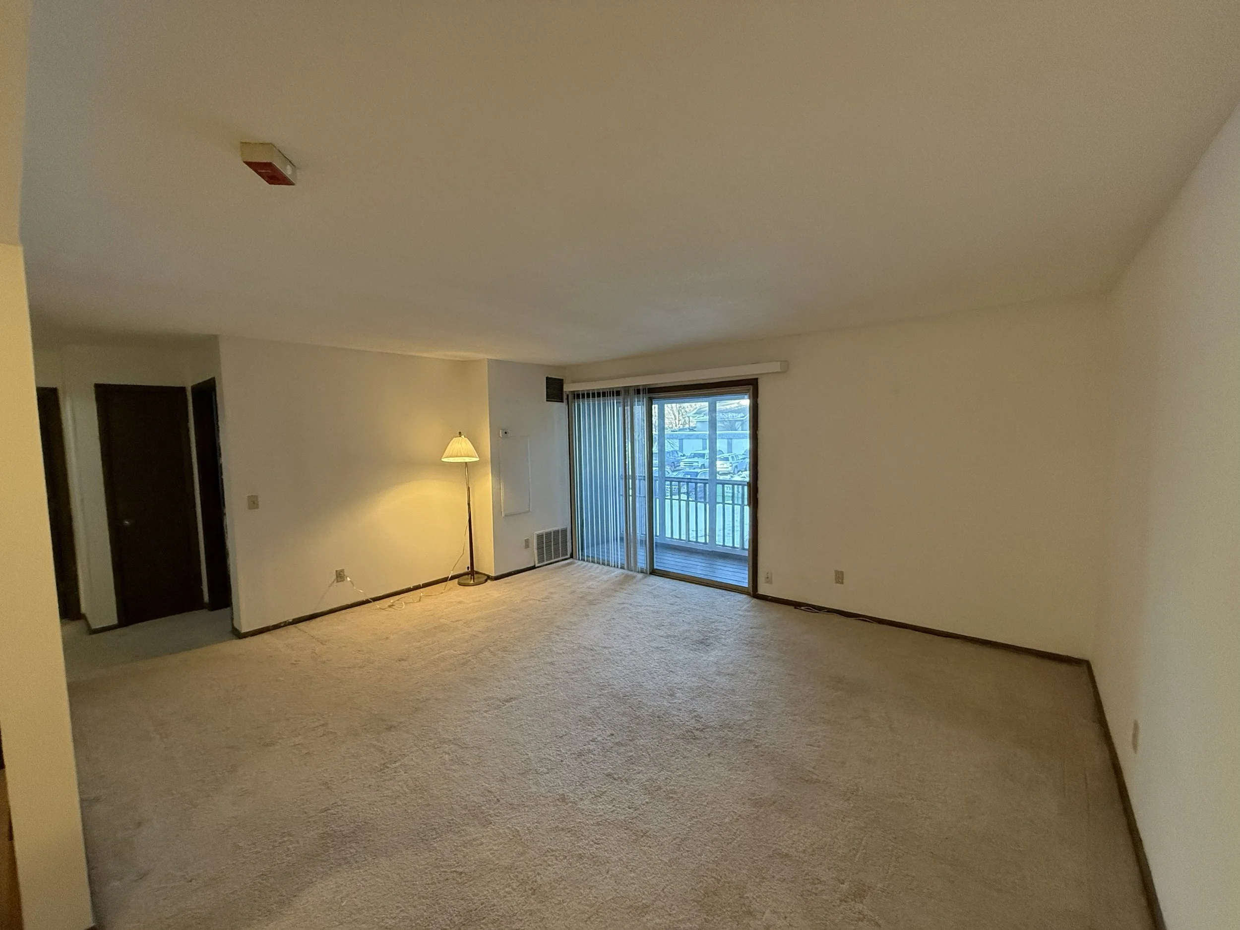 Living room with beige carpet, white walls, a sliding glass door with vertical blinds, a floor lamp, and two dark doors.