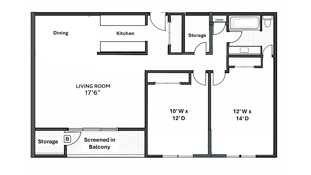 Floor plan of an apartment with two bedrooms, a living room, kitchen, dining area, bathroom, storage, linen closet, and screened balcony.