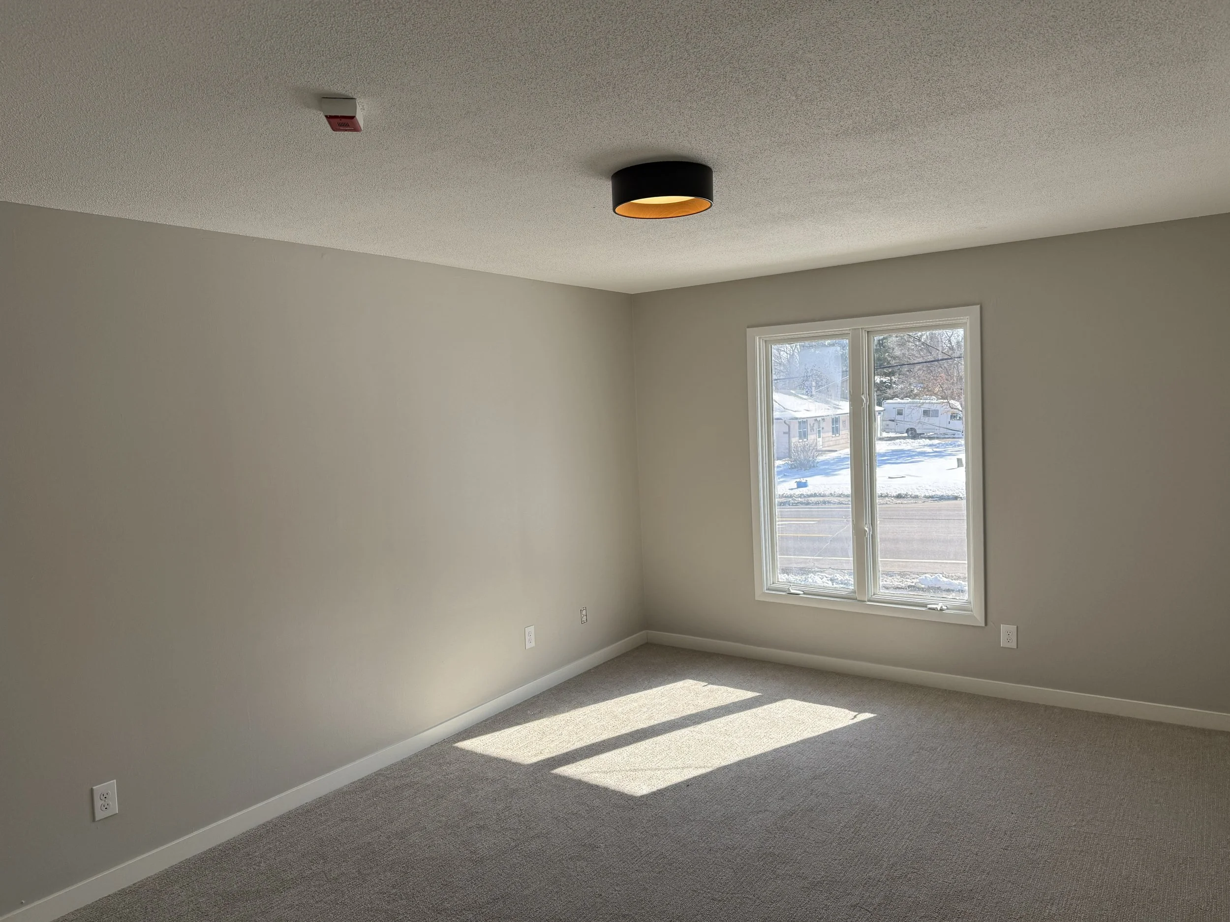 Empty room with beige walls, carpeted floor, a window showing houses and trees outside, and ceiling light fixture.