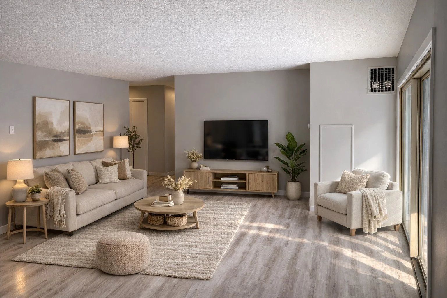 Bright living room with neutral-toned furniture, decorated with abstract artwork, potted plants, a TV, and cozy decor, bathed in natural sunlight.