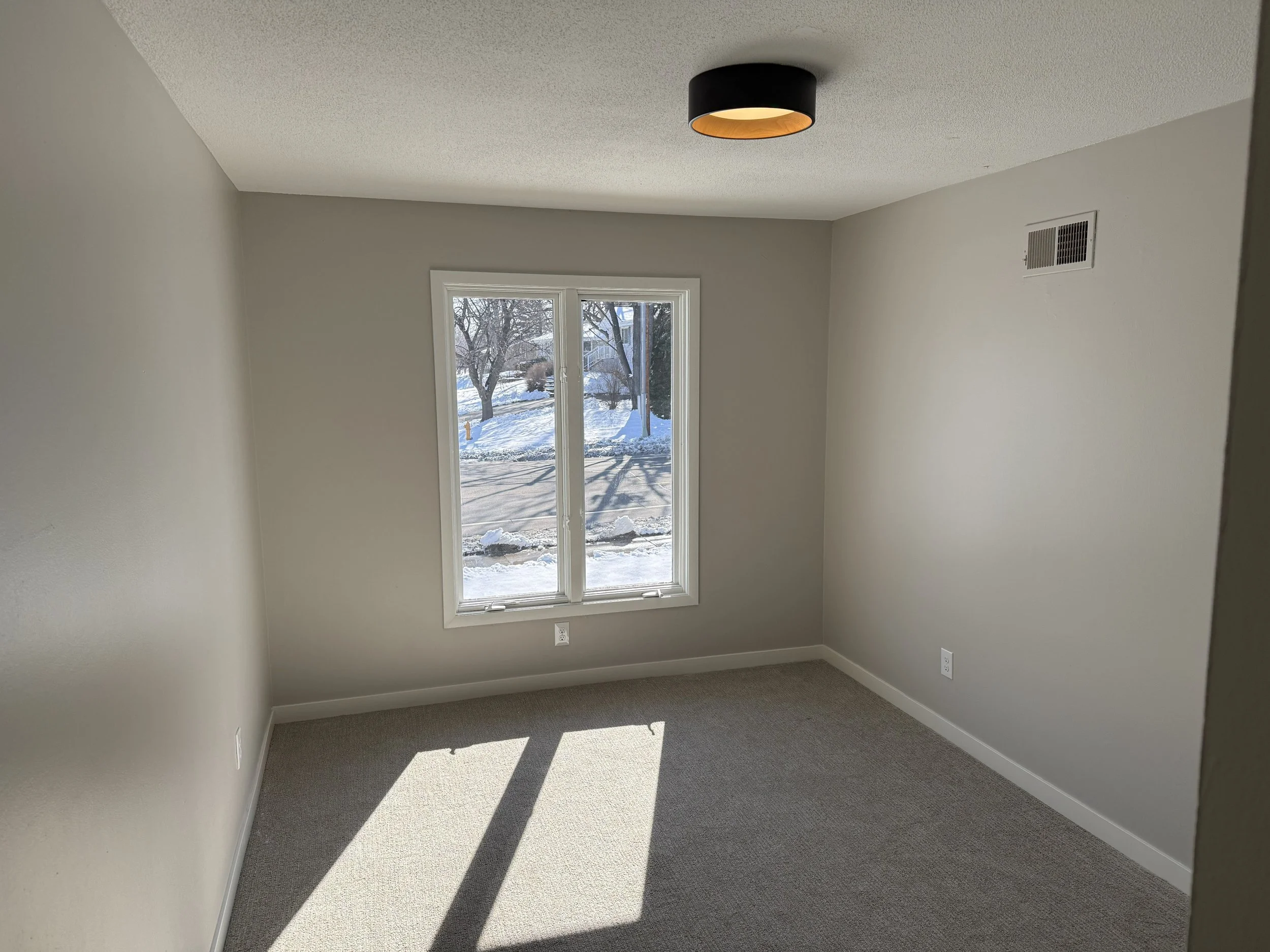 Empty room with beige carpet, white walls, a window with a view of a snowy yard, and a black ceiling light fixture.