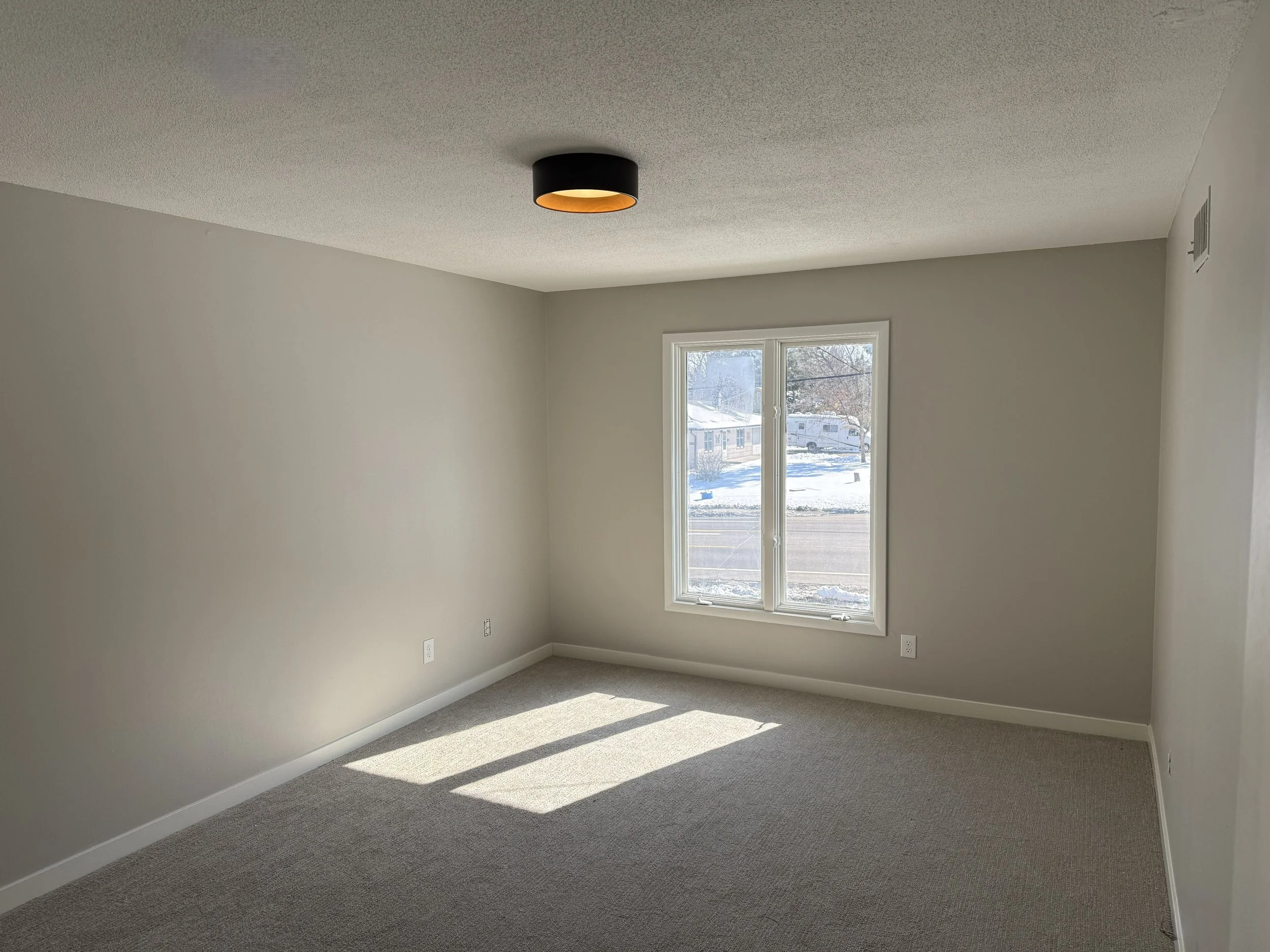 Empty room with tan carpet, white walls, a window with snow outside, and a ceiling light fixture.