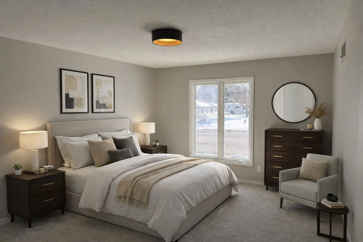 A bedroom with a large bed, two dark wood nightstands with lamps, a white armchair, a dark wood dresser, and decor including wall art and a mirror, with a window showing a snowy outdoor scene.