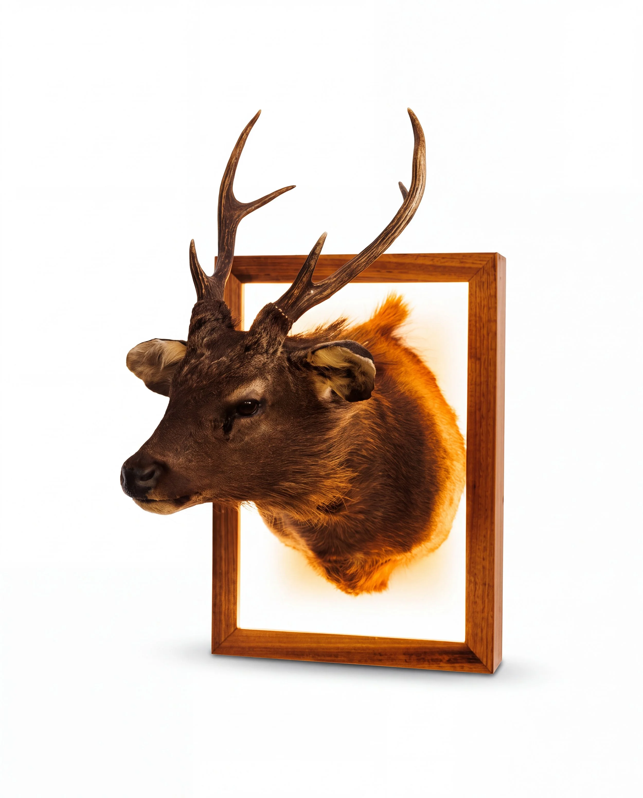 Solid timber LED lightbox display frame showcasing a shoulder mount sambar deer with antlers