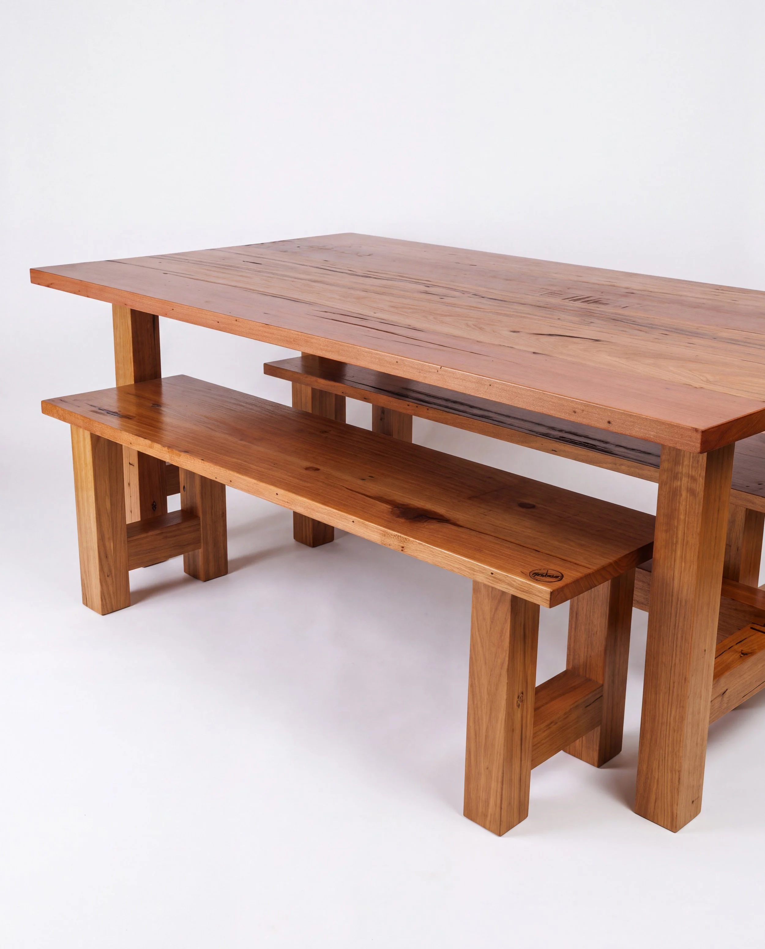 Natural solid timber dining table and bench seats