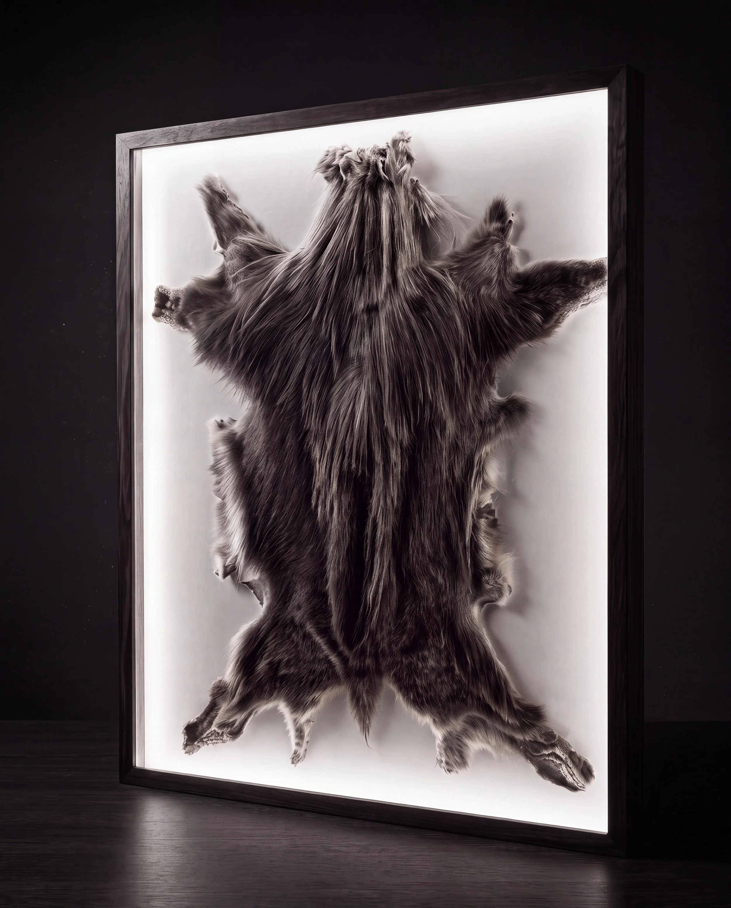 Black and white photograph of a wolf standing on a white background framed in black