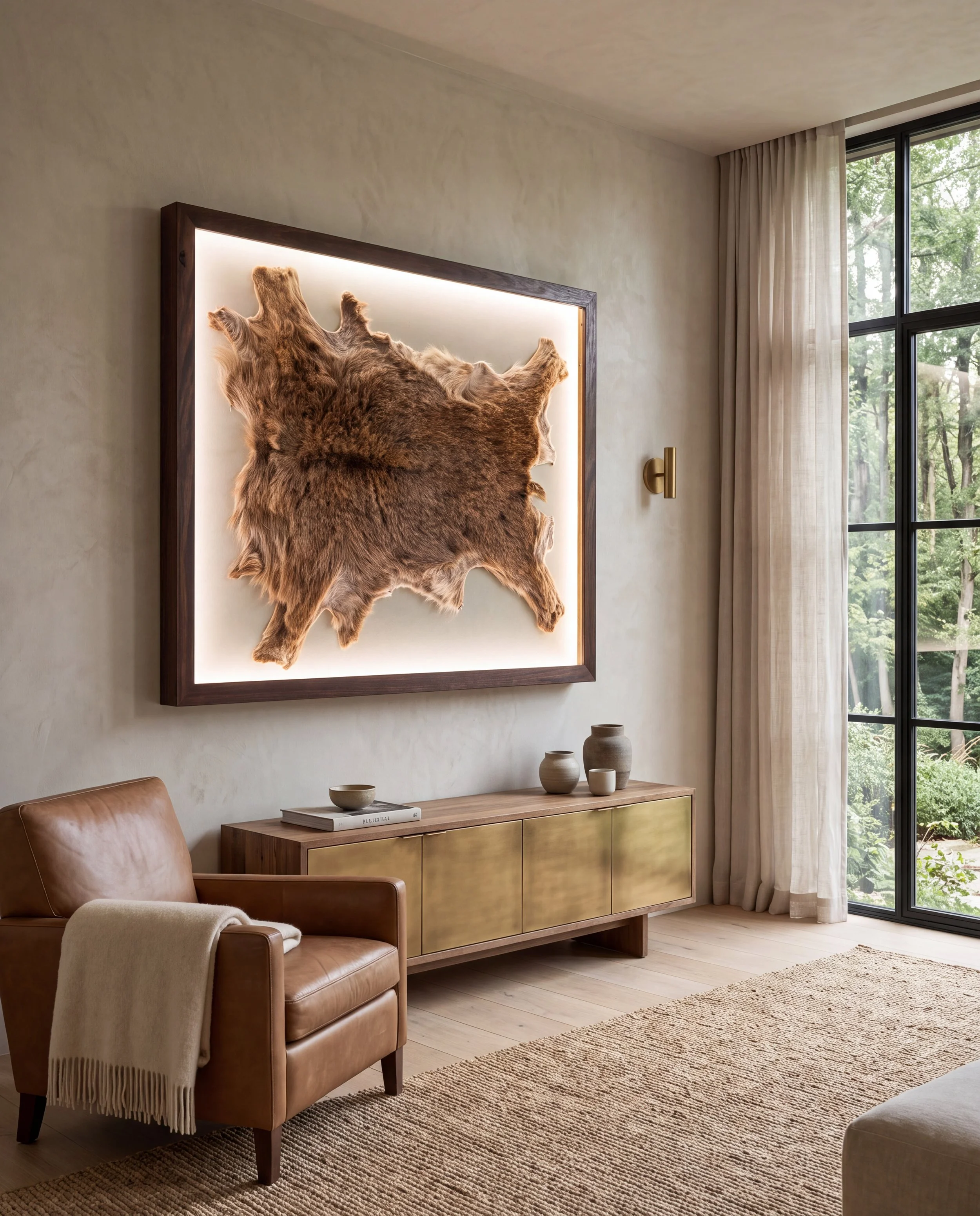 Solid timber LED lightbox display frame showcasing a taxidermy animal hide