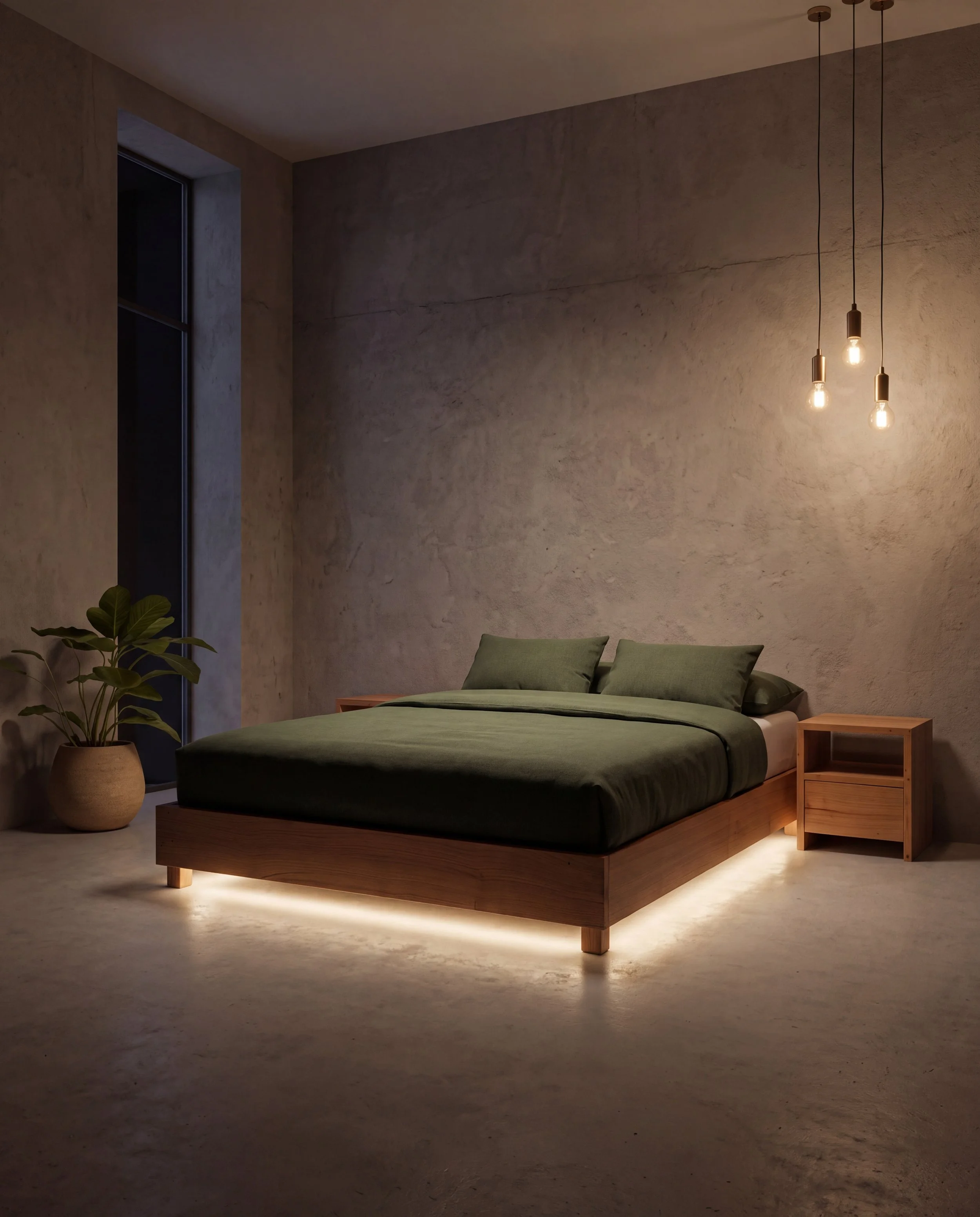 Solid timber platform bed with green bedding and led lights in a dark room