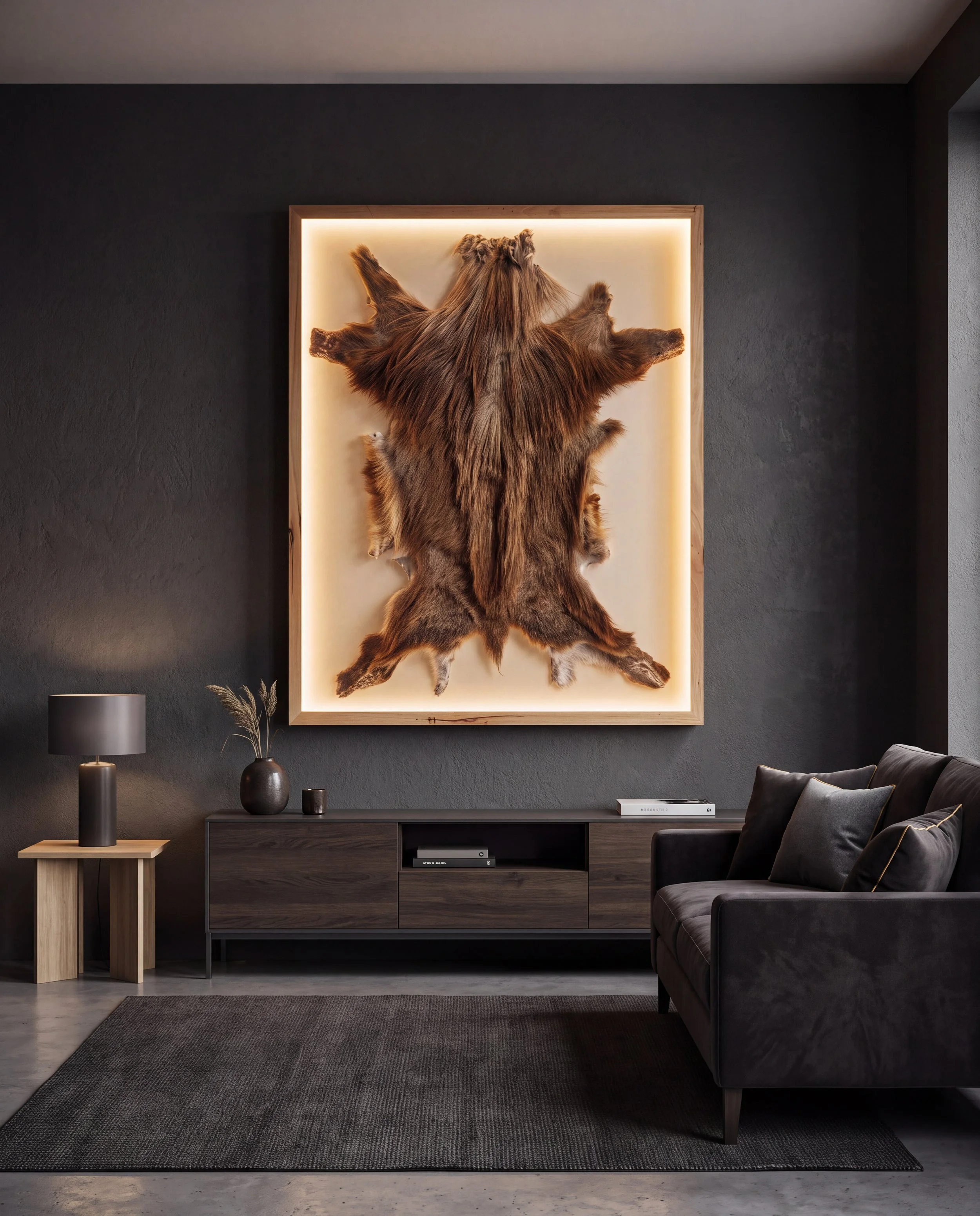 Solid timber LED lightbox display frame showcasing a taxidermy animal hide