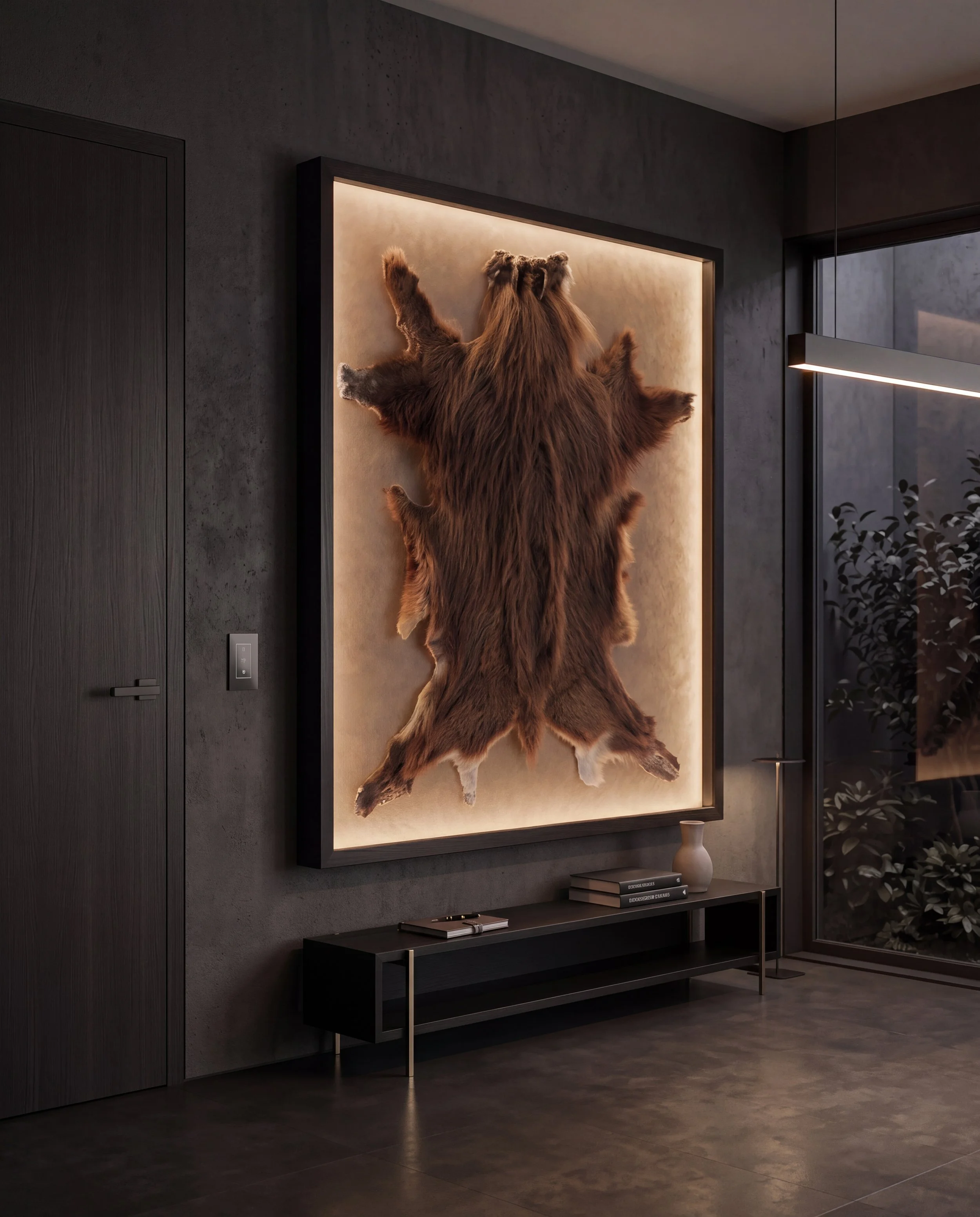 Solid timber LED lightbox display frame showcasing a taxidermy animal hide