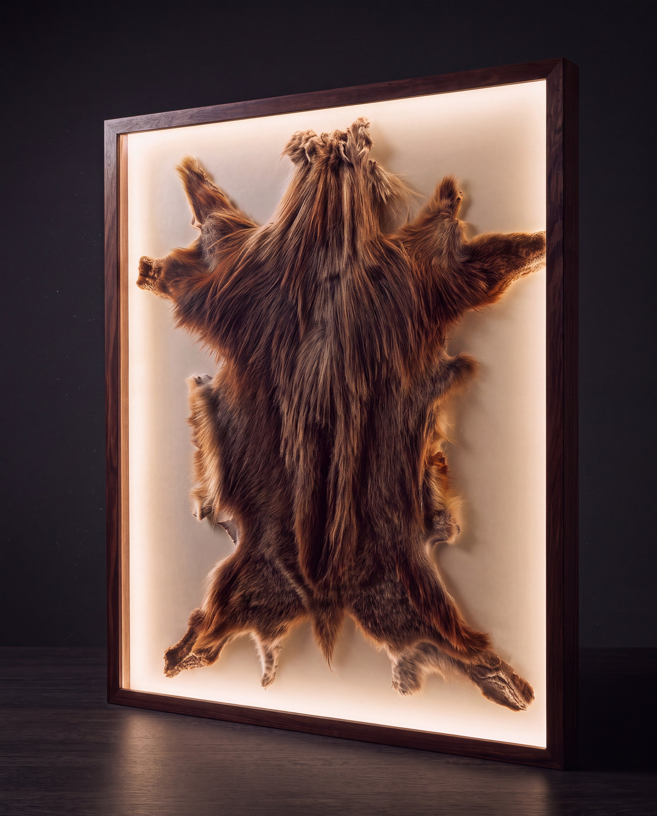 Framed digital artwork of a bear's head and front paws in a 3D style, displayed on a lit panel with a dark background.