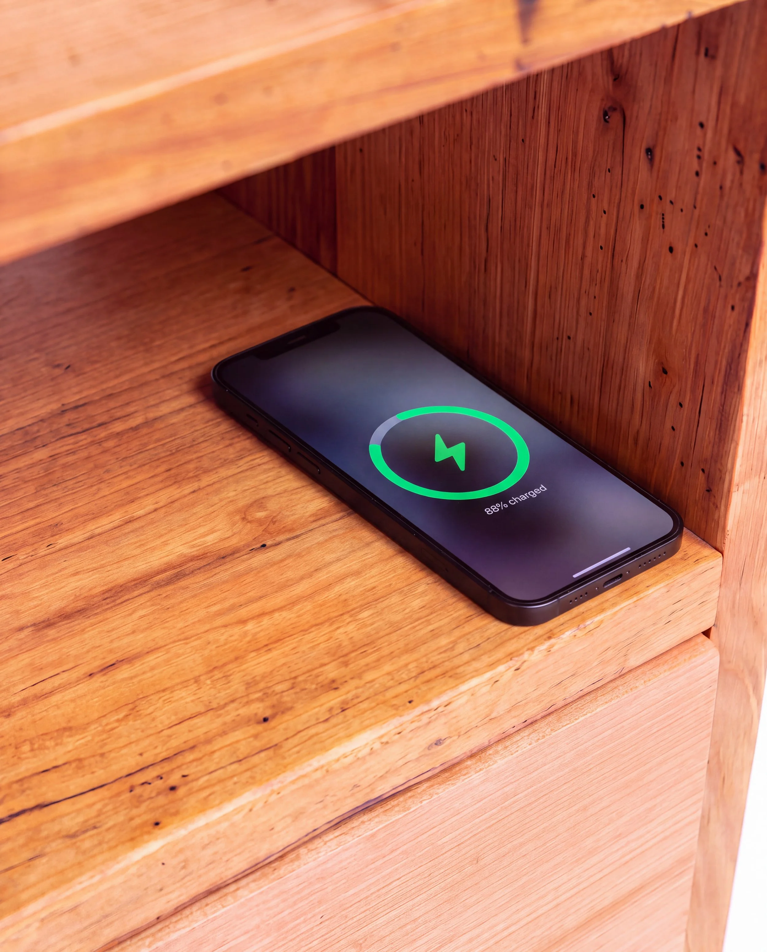 Natural solid timber bed side table wireless phone charger push to open drawers