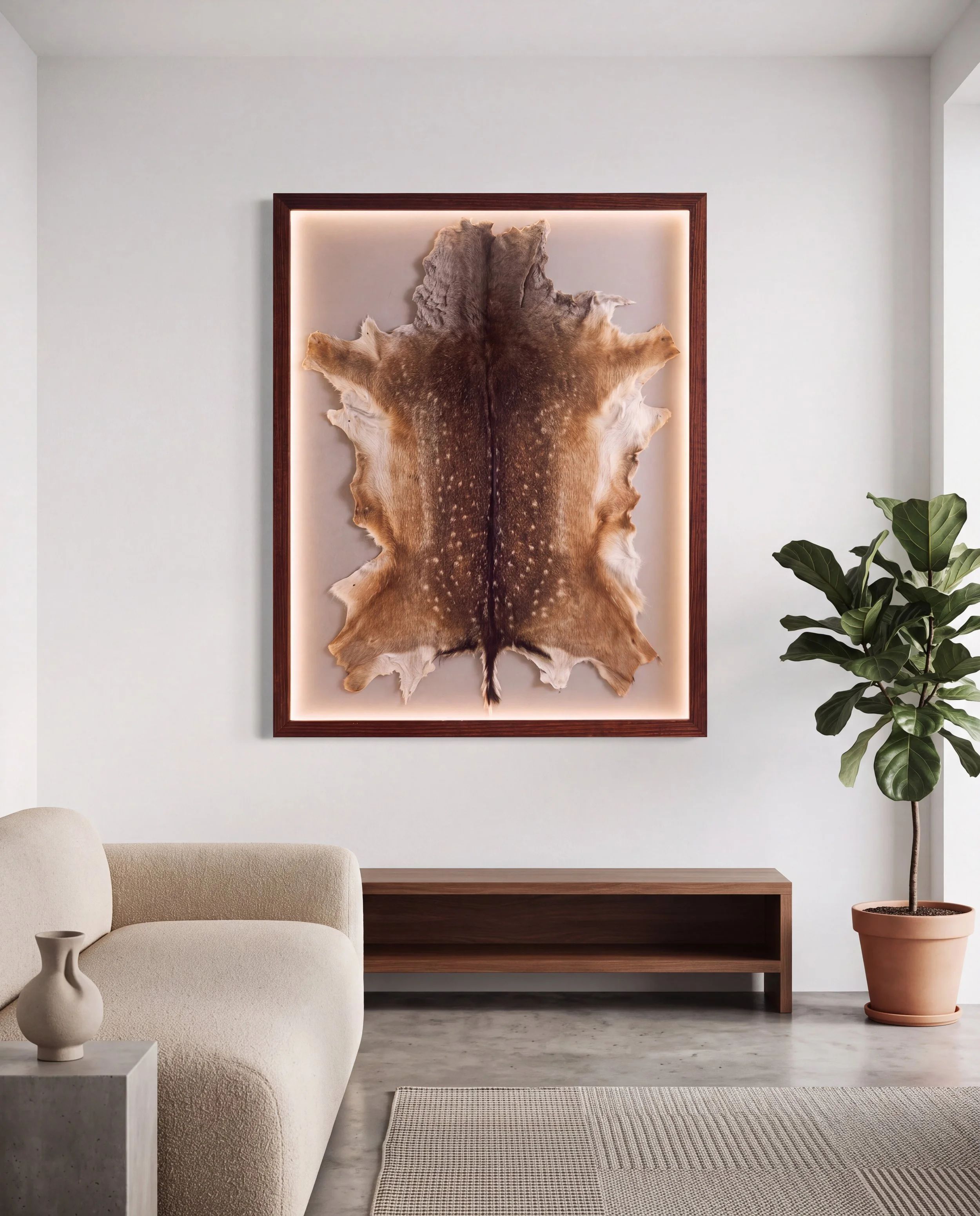 Solid timber LED lightbox display frame showcasing a taxidermy animal hide
