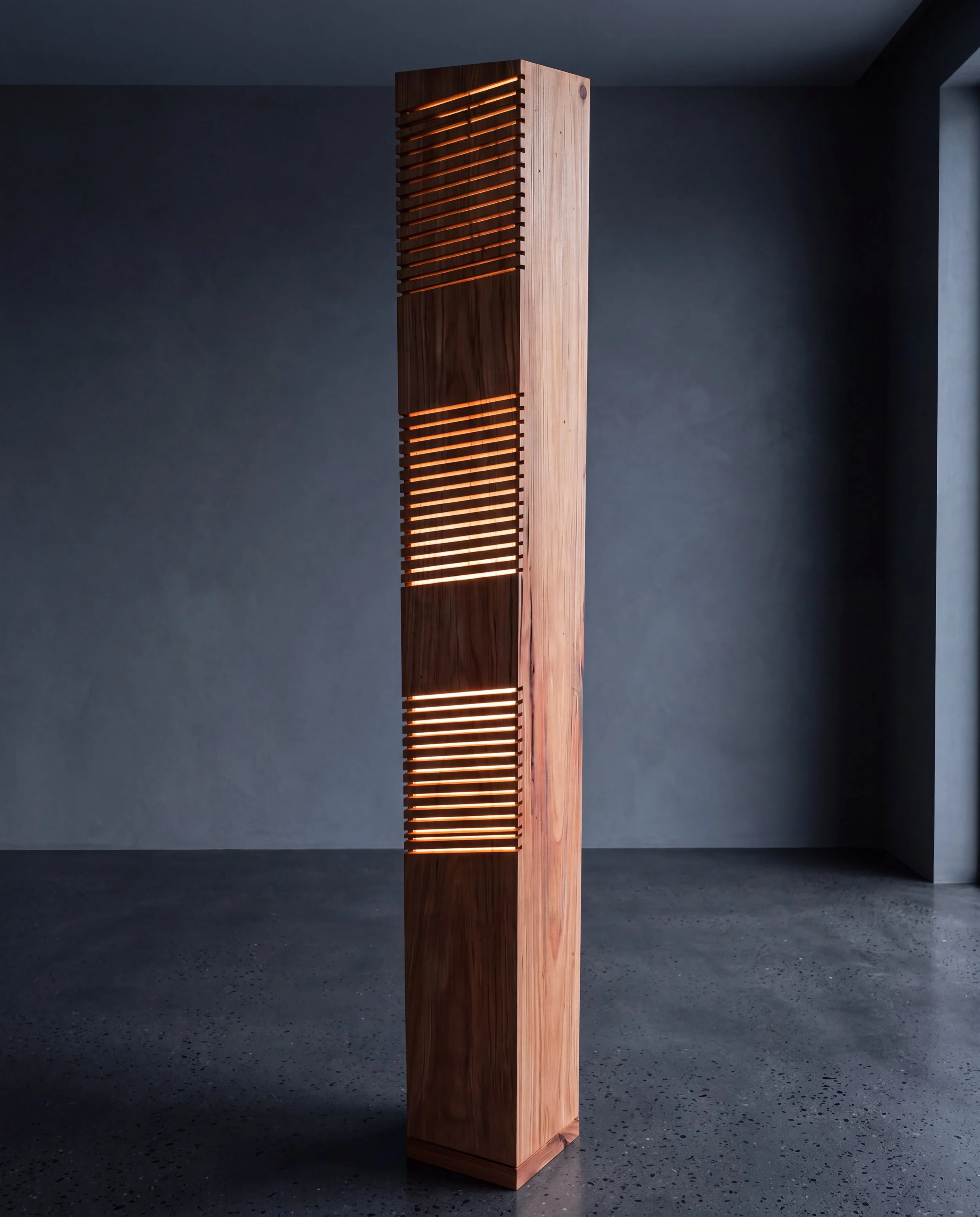 Natural solid timber floor standing lamp with slatted design in room