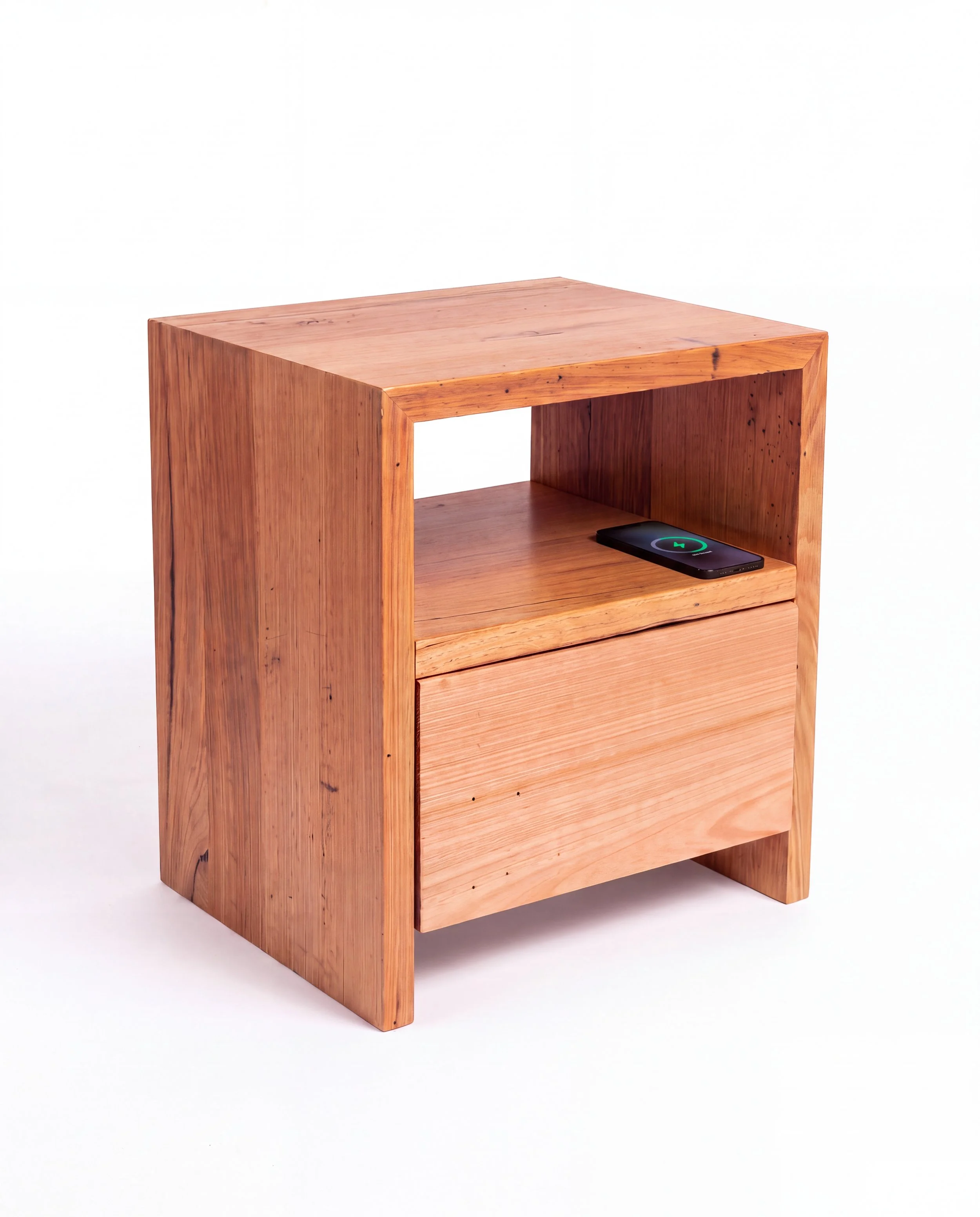 Natural solid timber bed side table wireless phone charger push to open drawers
