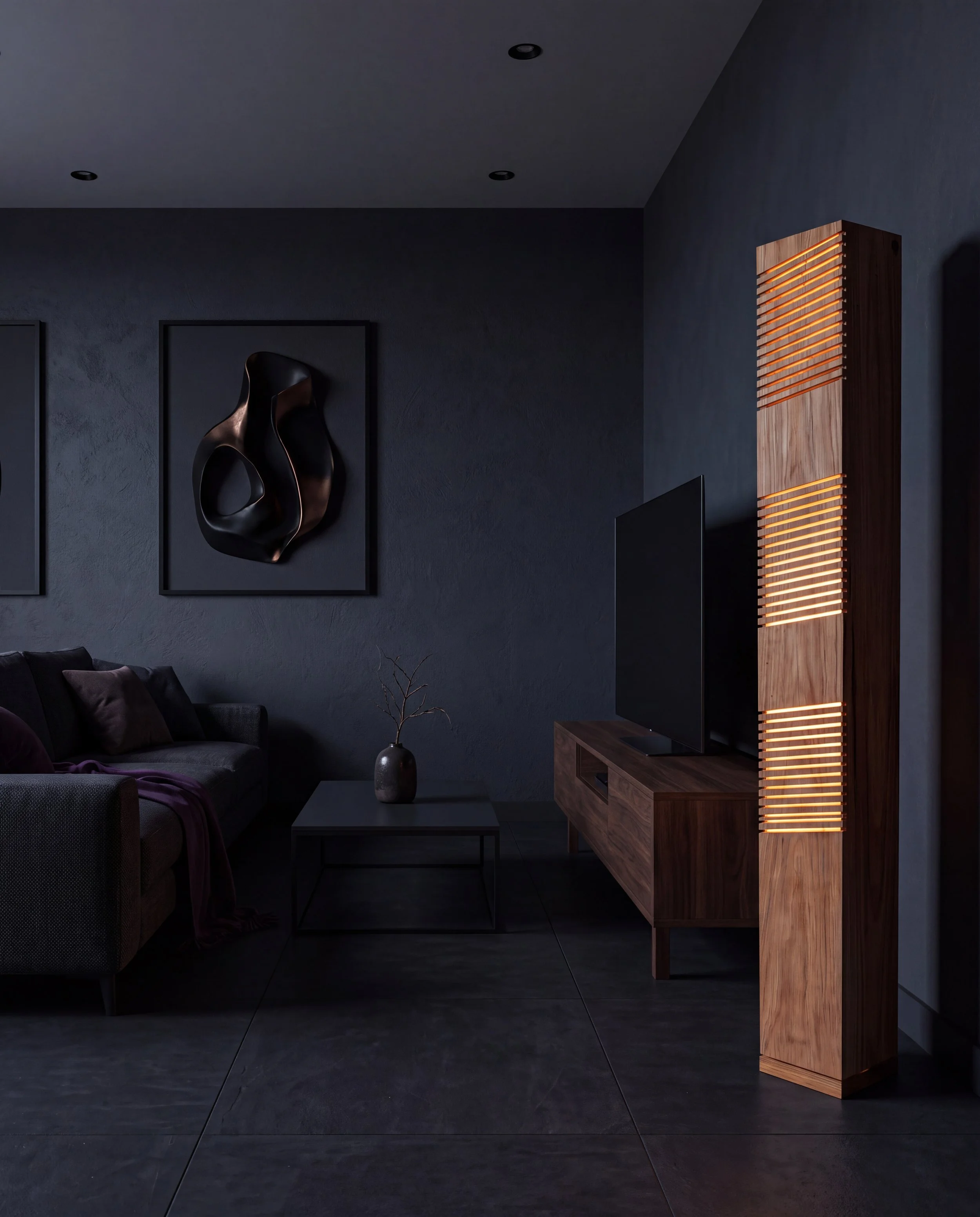 Natural solid timber floor standing lamp with slatted design in room
