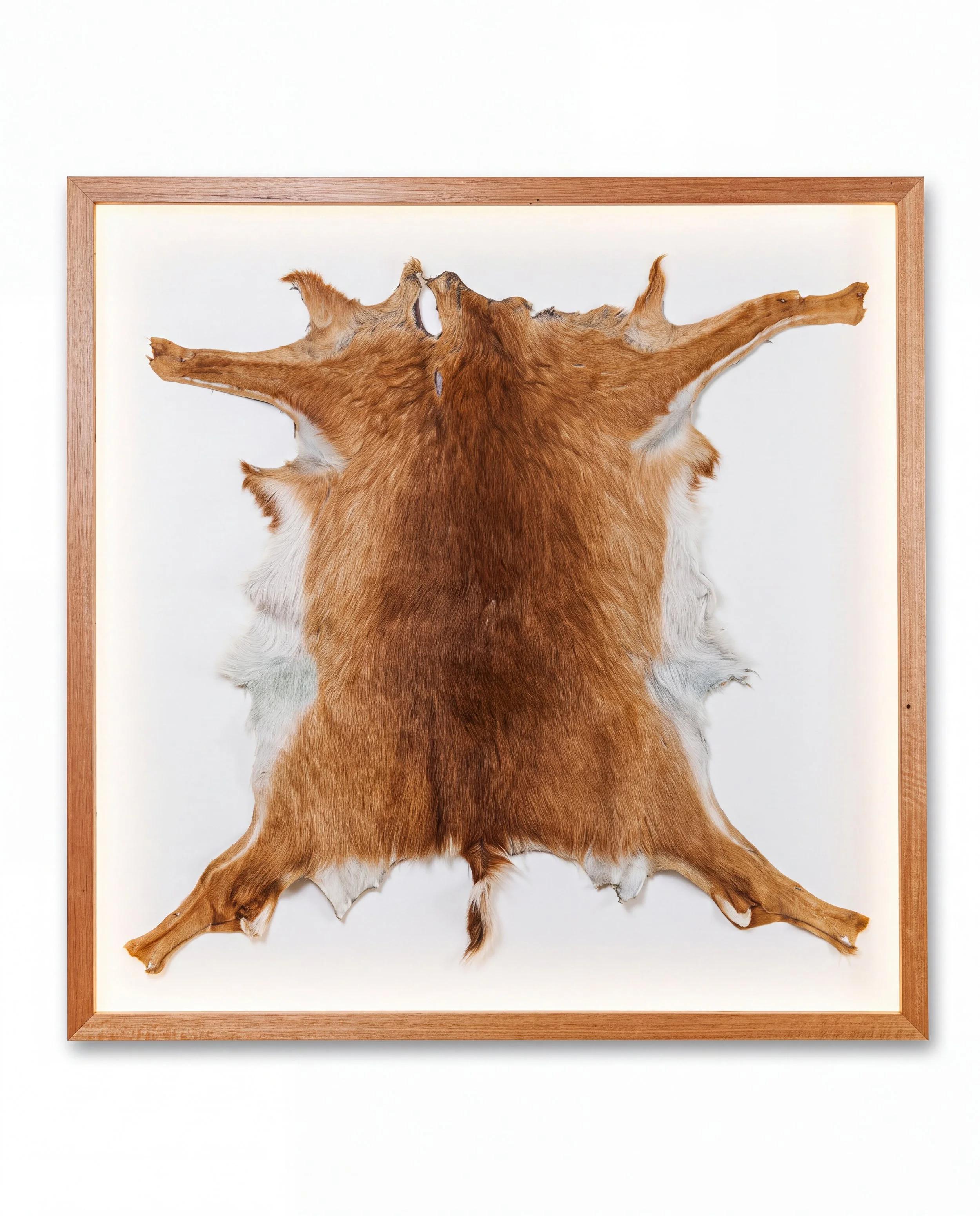 Solid timber LED lightbox display frame showcasing a taxidermy animal hide