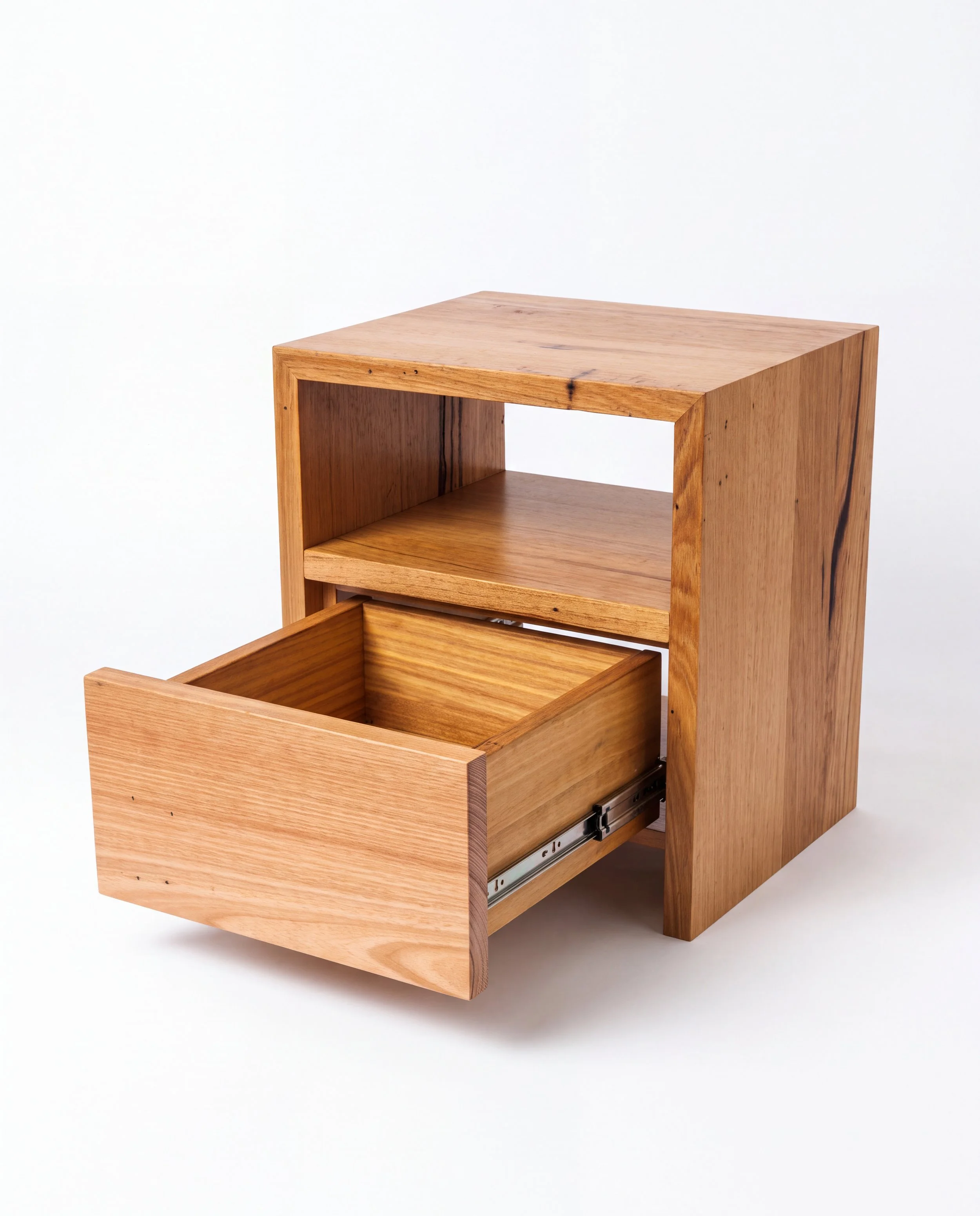 Natural solid timber bed side table wireless phone charger push to open drawers
