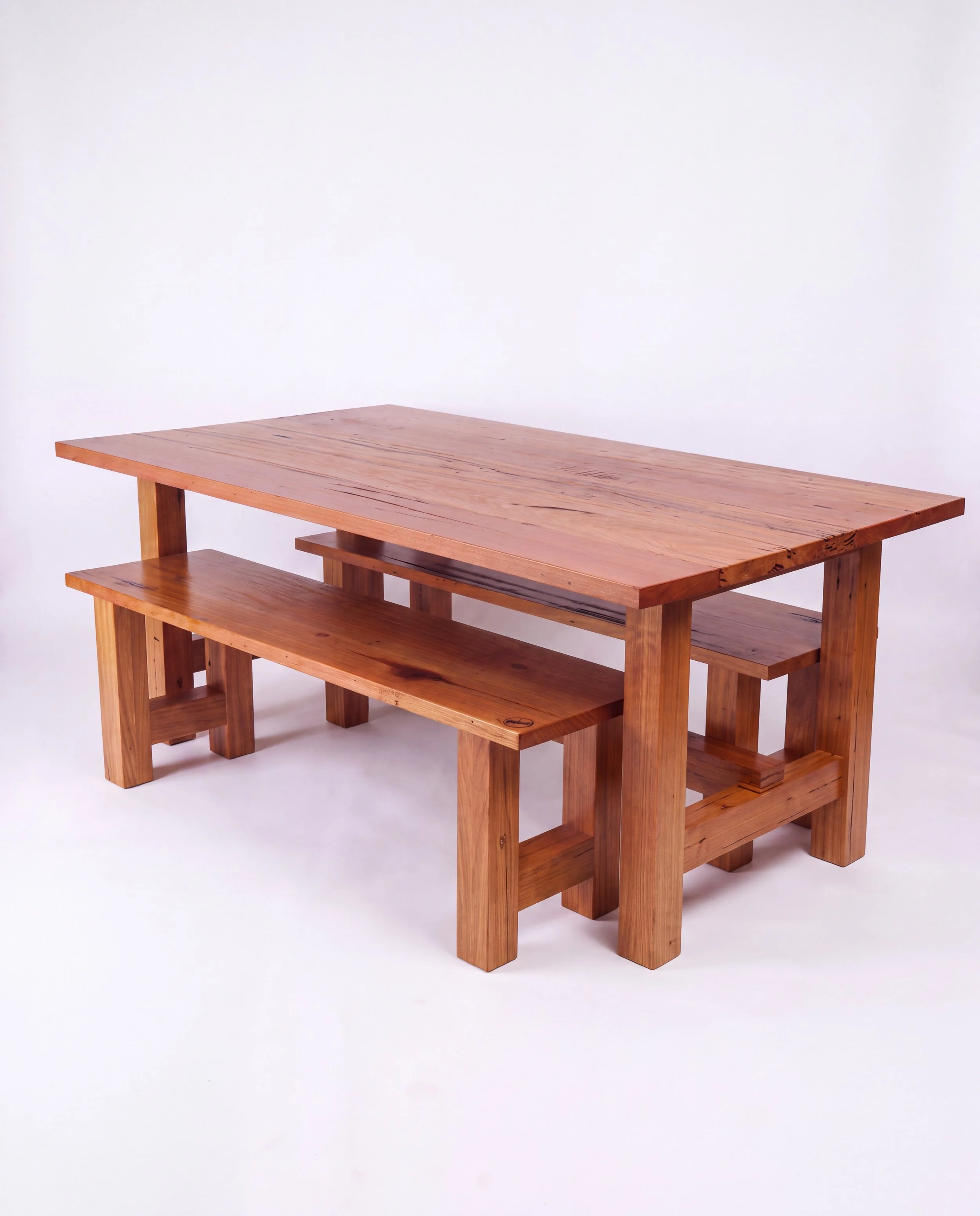 Natural solid timber dining table and bench seats