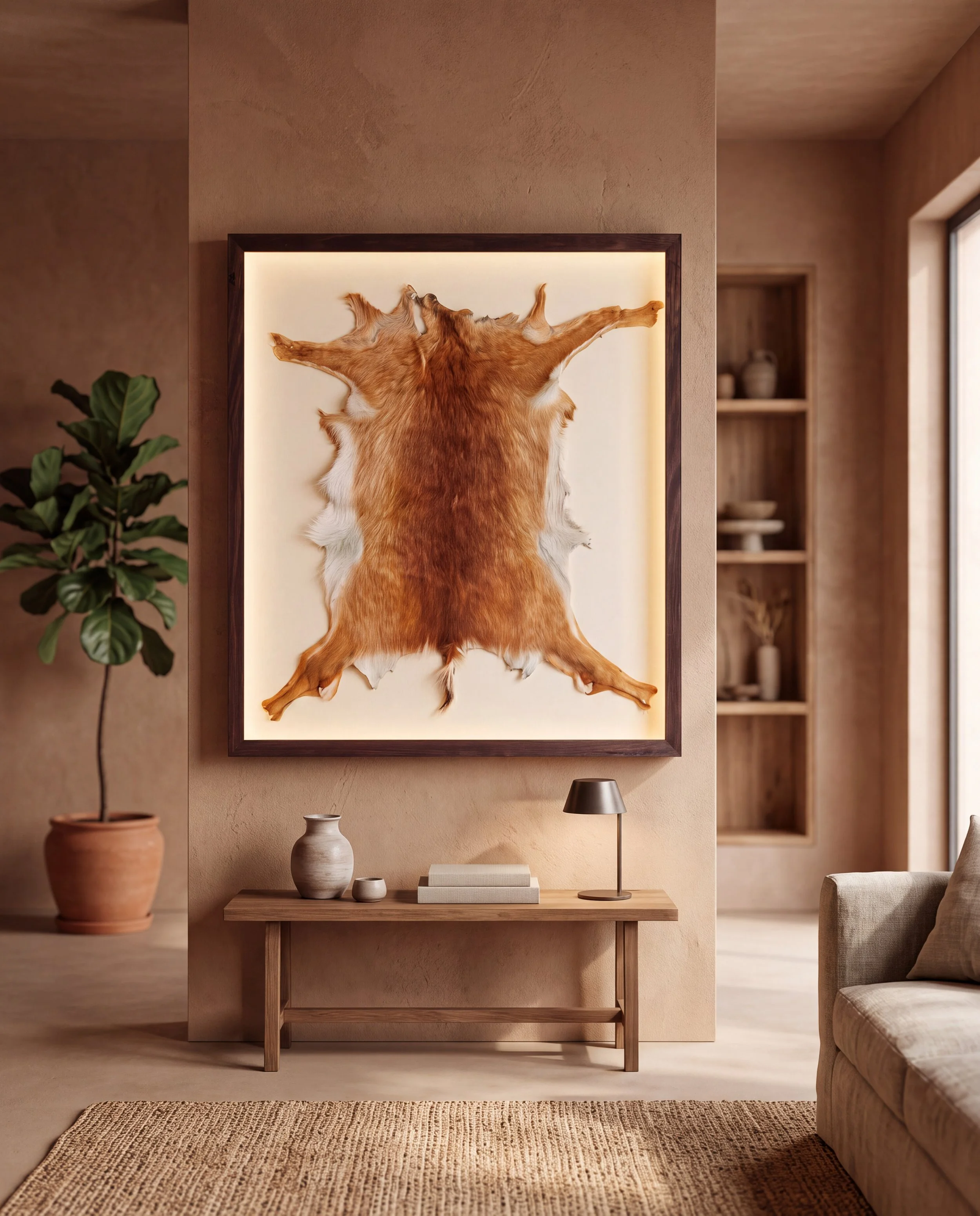 Solid timber LED lightbox display frame showcasing a taxidermy animal hide