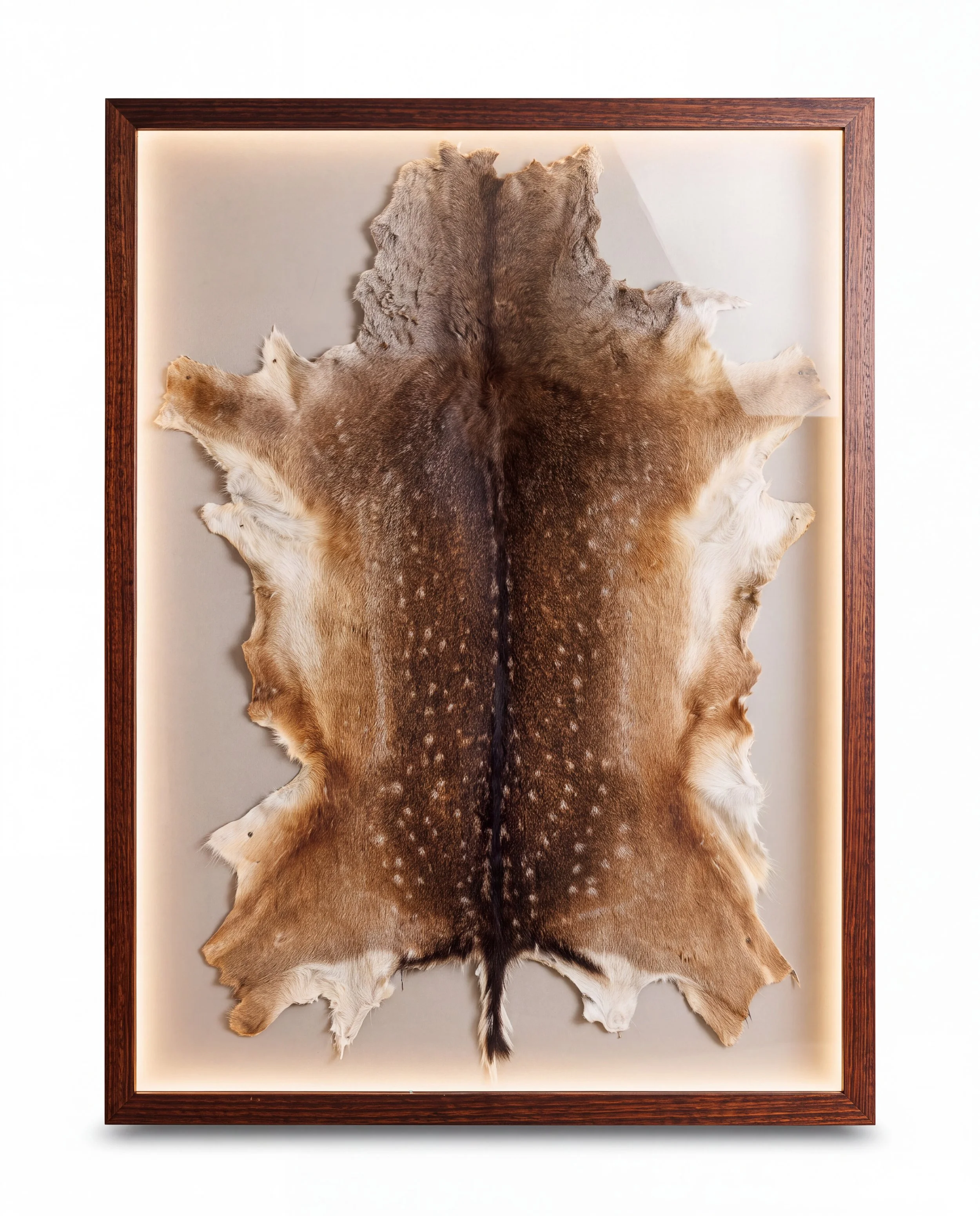 Solid timber LED lightbox display frame showcasing a taxidermy animal hide