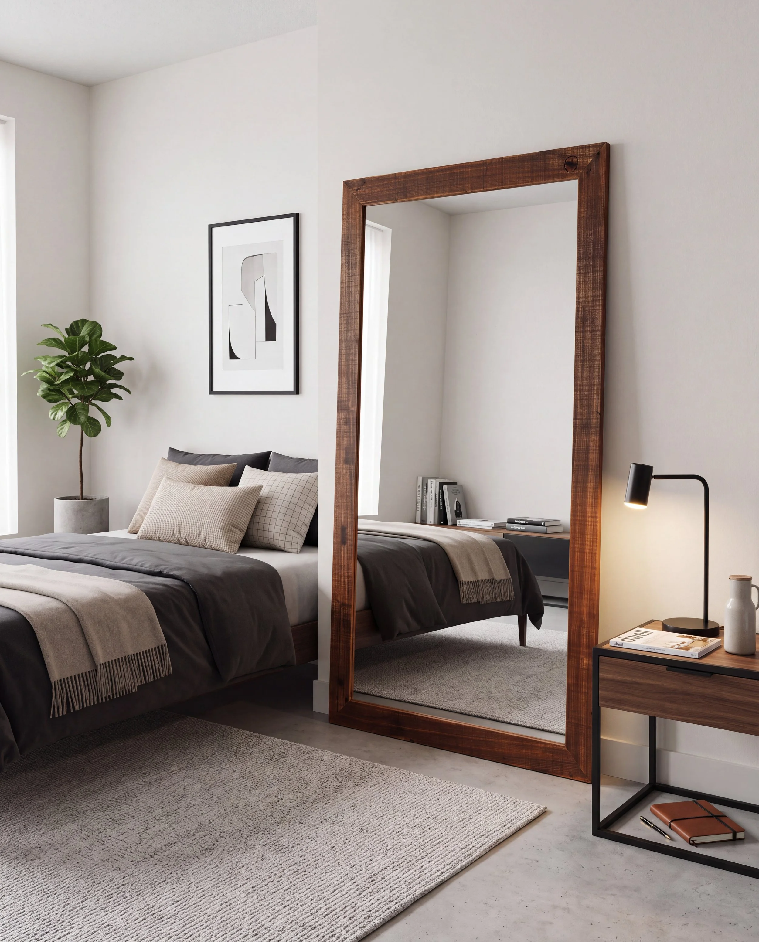 Solid timber natural floor standing mirror rustic messmate in a room