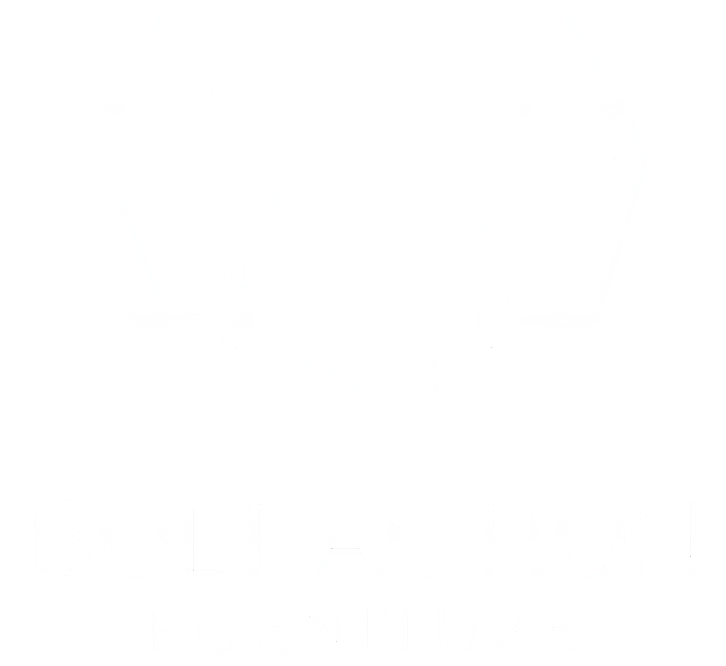 Bolt action furniture logo - two geometric antlers crossing at the bottom with business name "BOLT ACTION FURNITURE" below