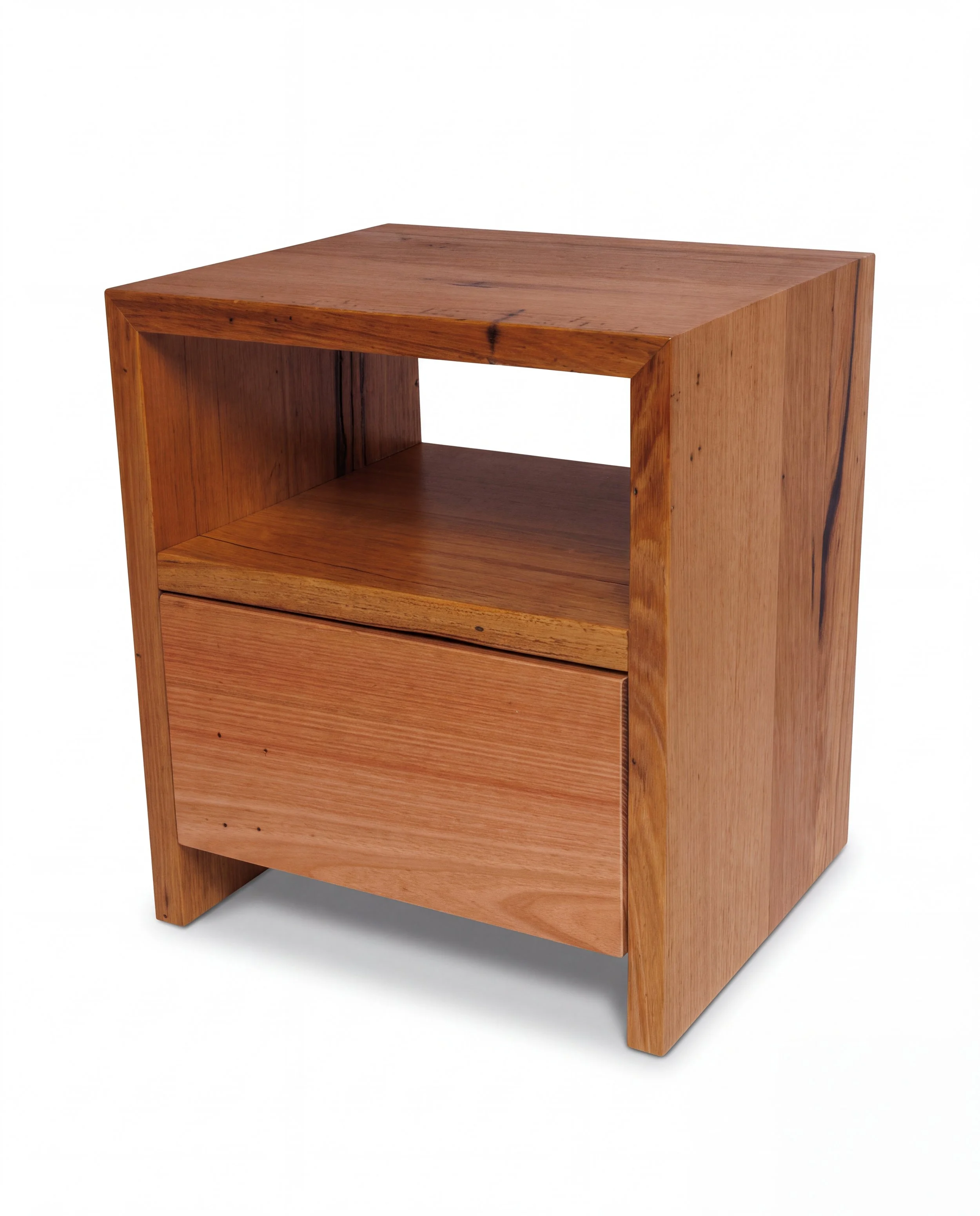 Natural solid timber bed side table wireless phone charger push to open drawers