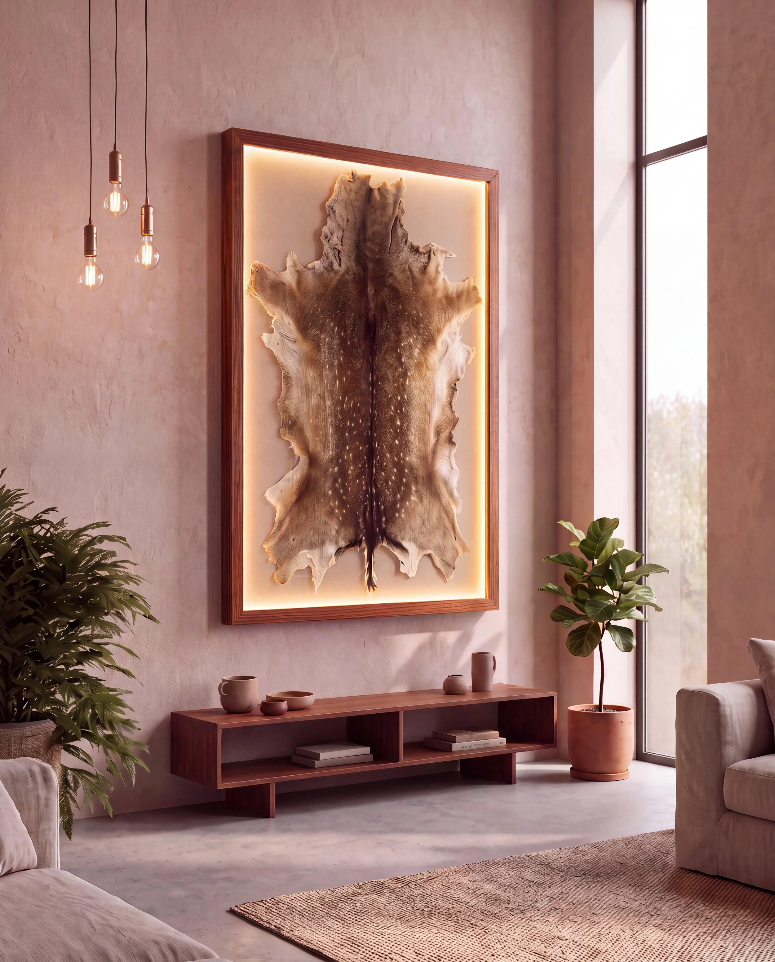 Solid timber LED lightbox display frame showcasing a taxidermy animal hide