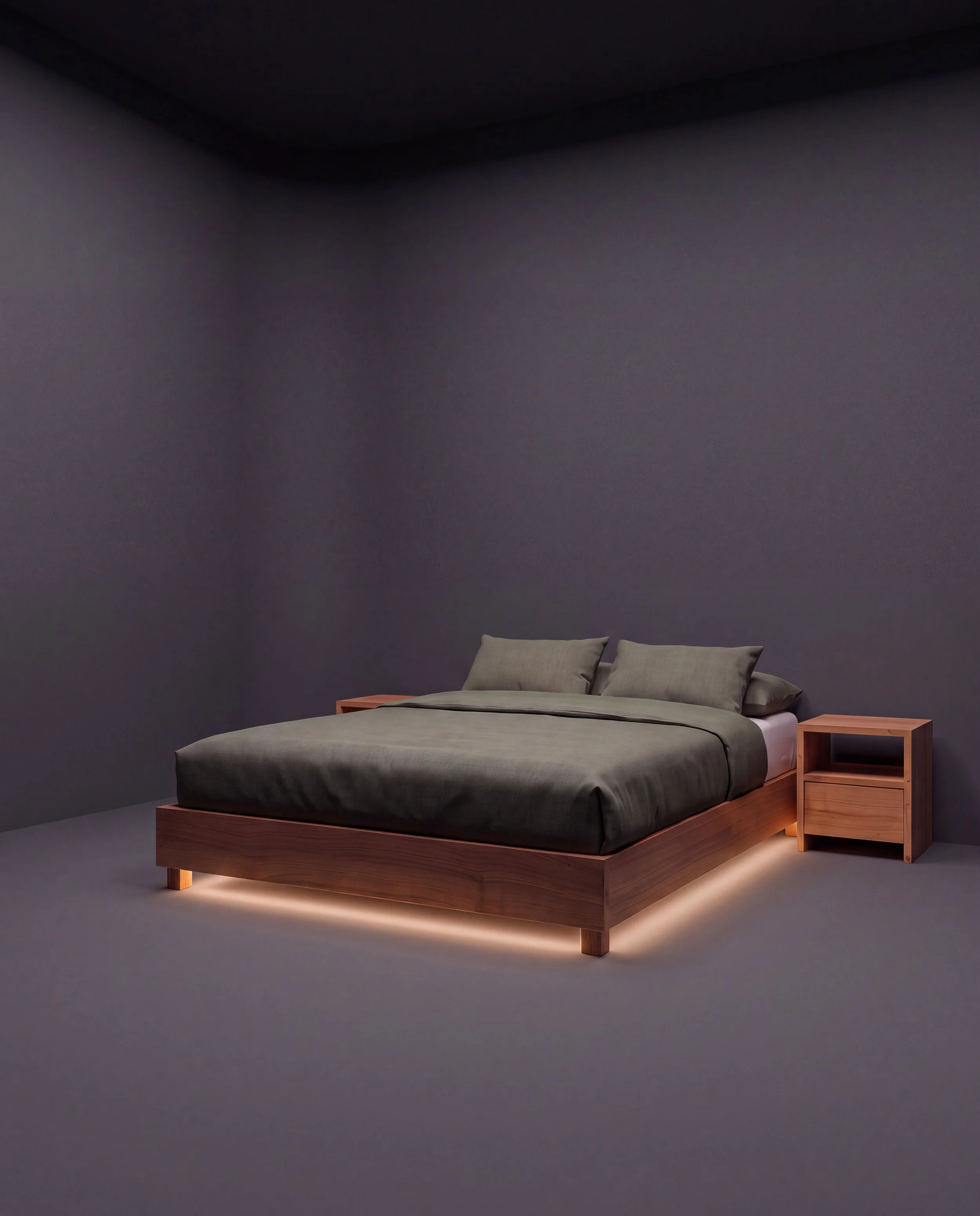 A bedroom with a dark gray wall, showing a wooden bed frame with a gray mattress and pillows, two small wooden nightstands on each side, and subtle lighting beneath the bed.