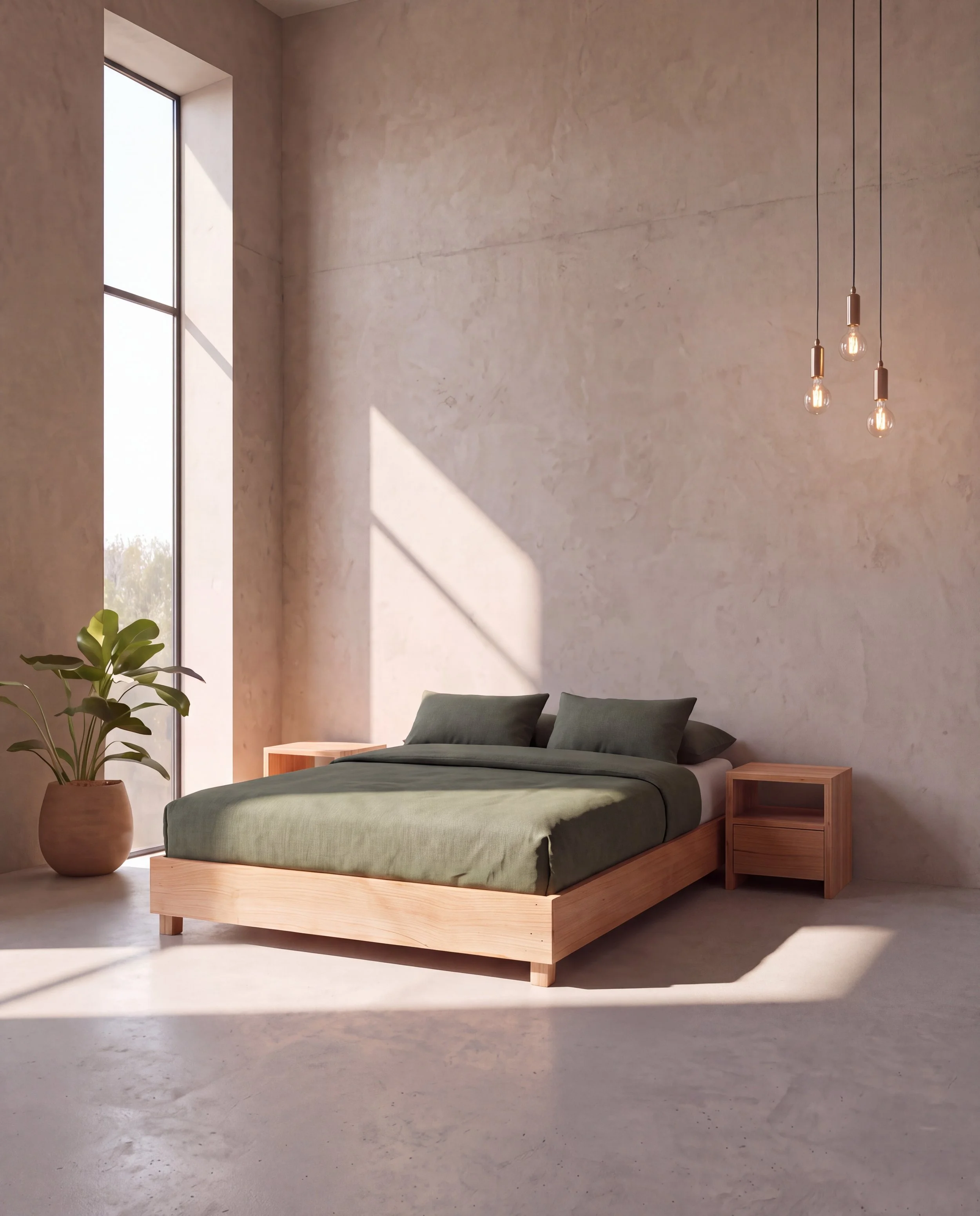 Solid timber platform bed with green bedding and led lights in a bedroom
