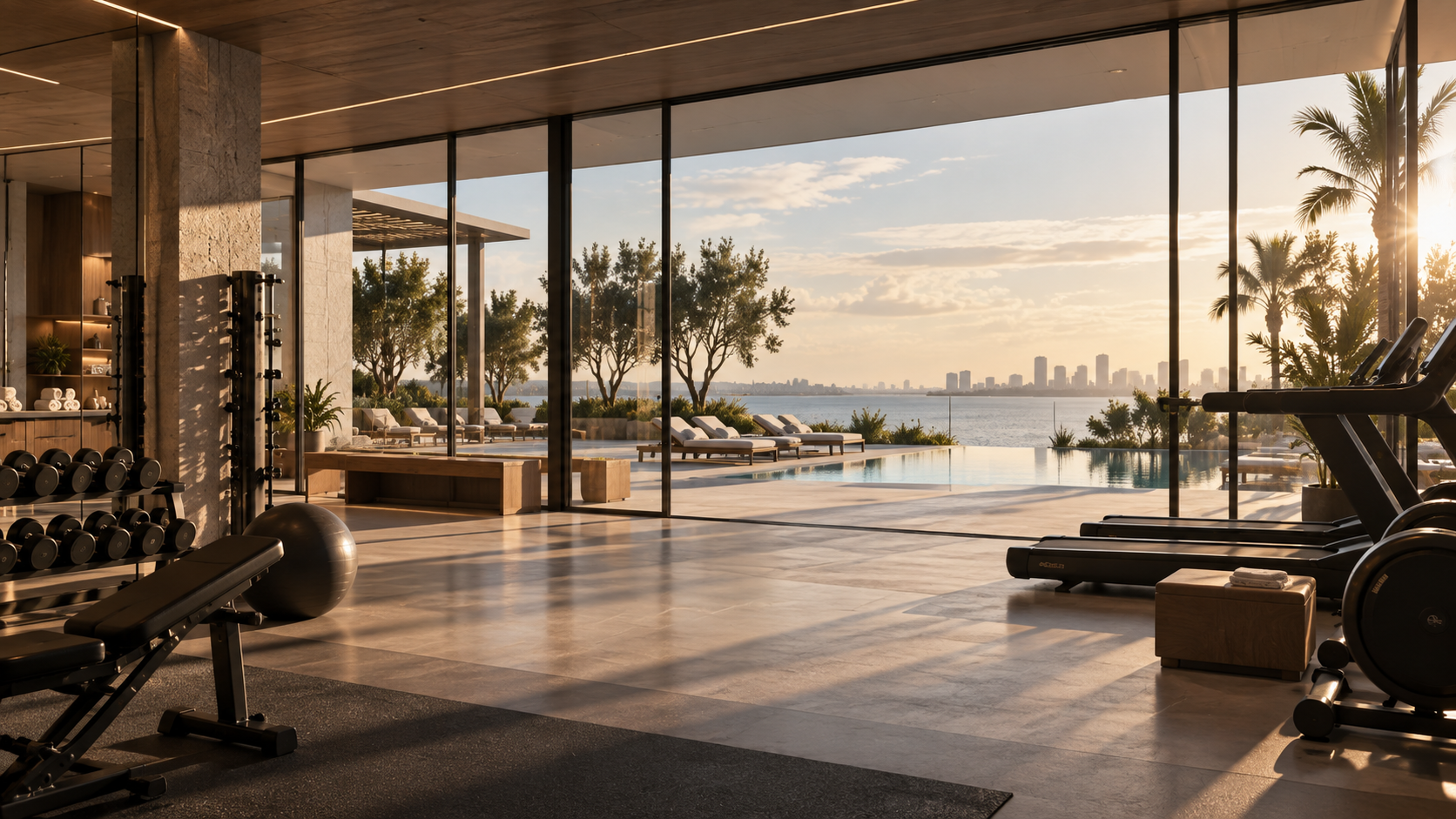 Luxury fitness club overlooking a pool and waterfront.