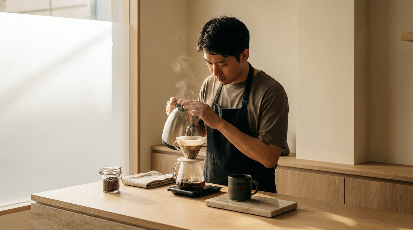 A person preparing pour-over coffee at a kitchen counter.