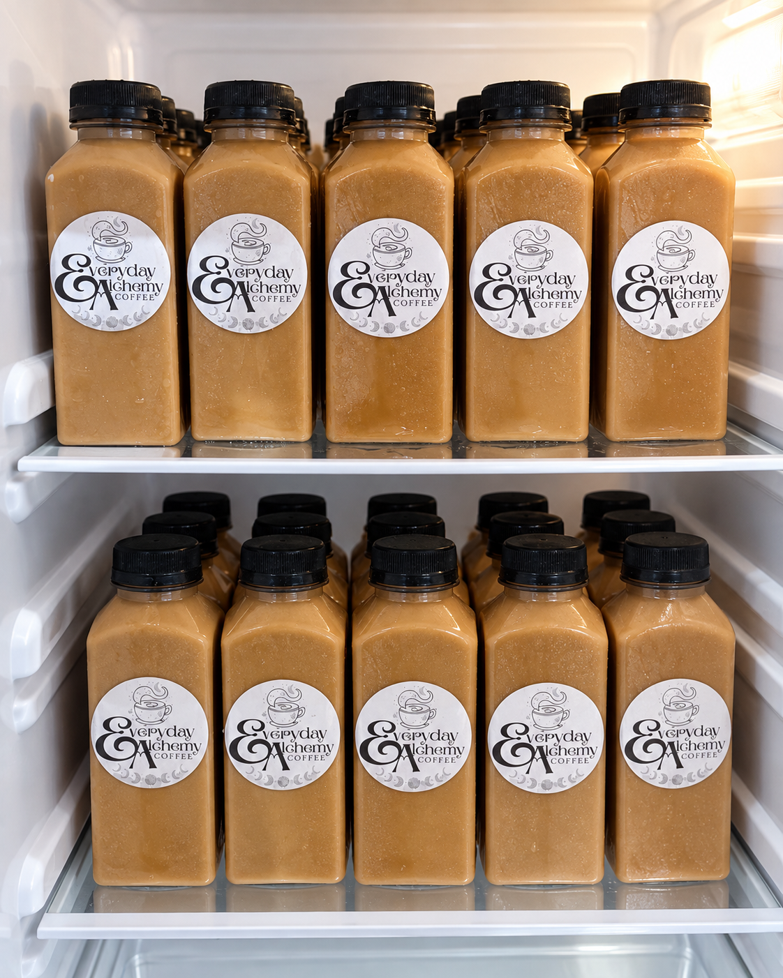 Rows of Everyday Alchemy bottled lattes with black caps and white labels inside a refrigerator.
