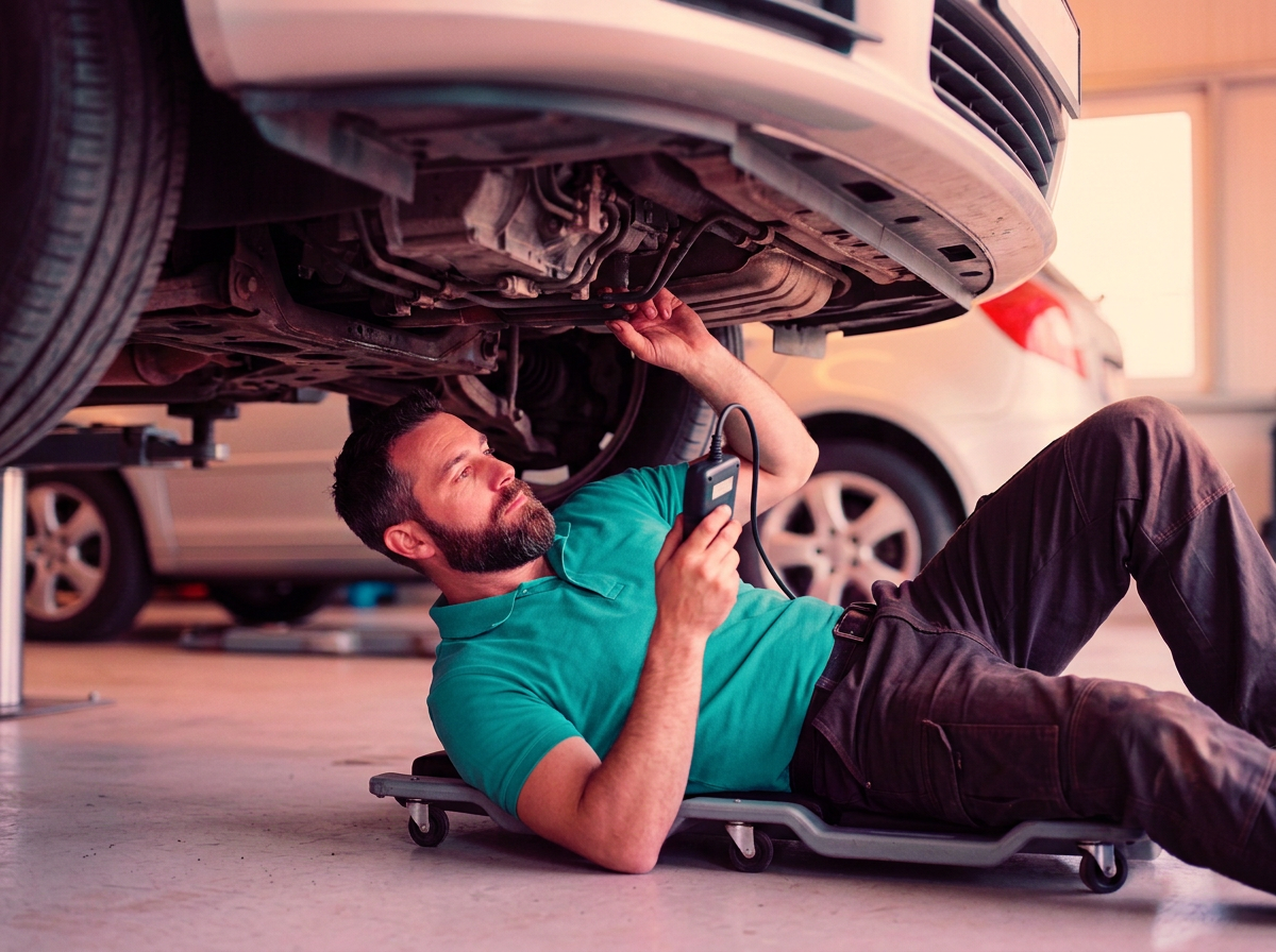 A man lying on a creeper beneath a car, inspecting or repairing the vehicle with a tool in his hand.
