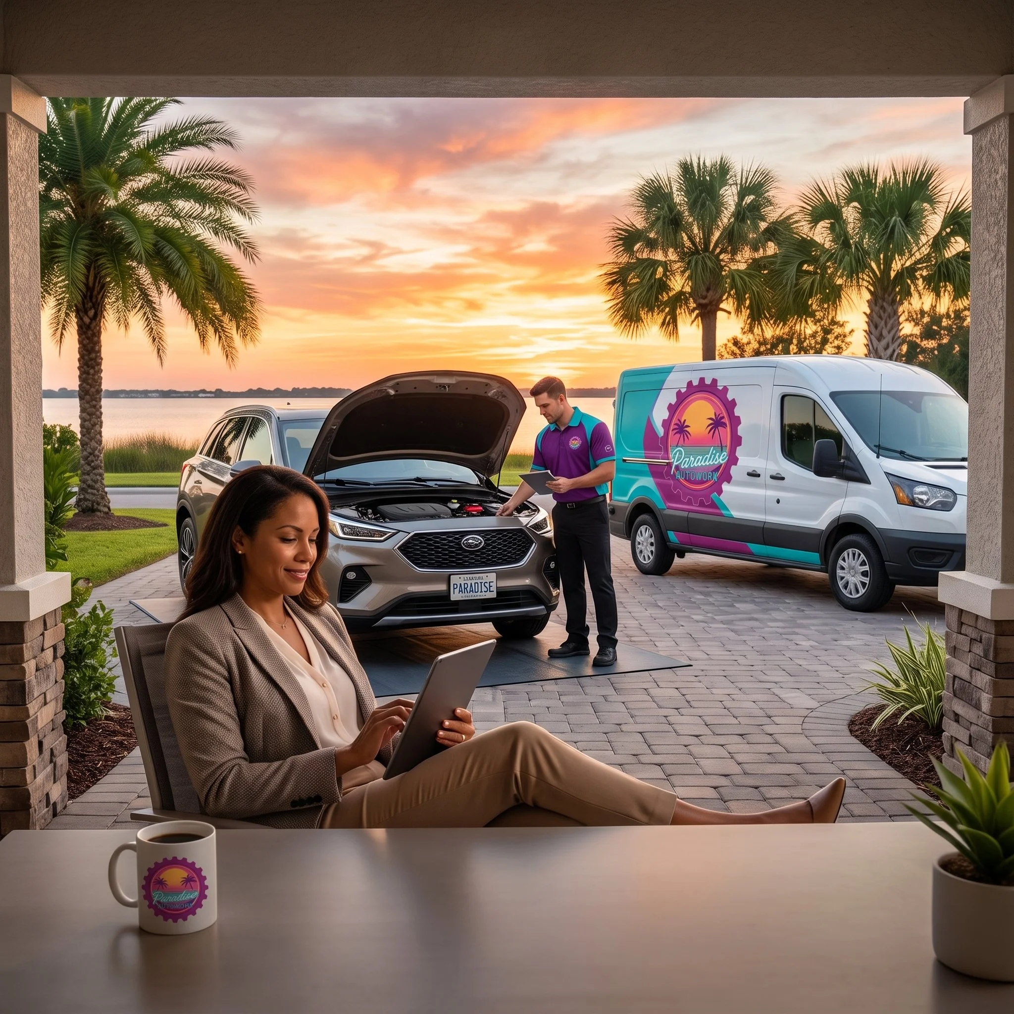 A woman sitting at a table indoors, holding a tablet. On the table, there is a white coffee mug with a colorful logo that says Paradise Autoworks. Outside through the window, a sunset over water, palm trees, and cars in a parking lot are visible.