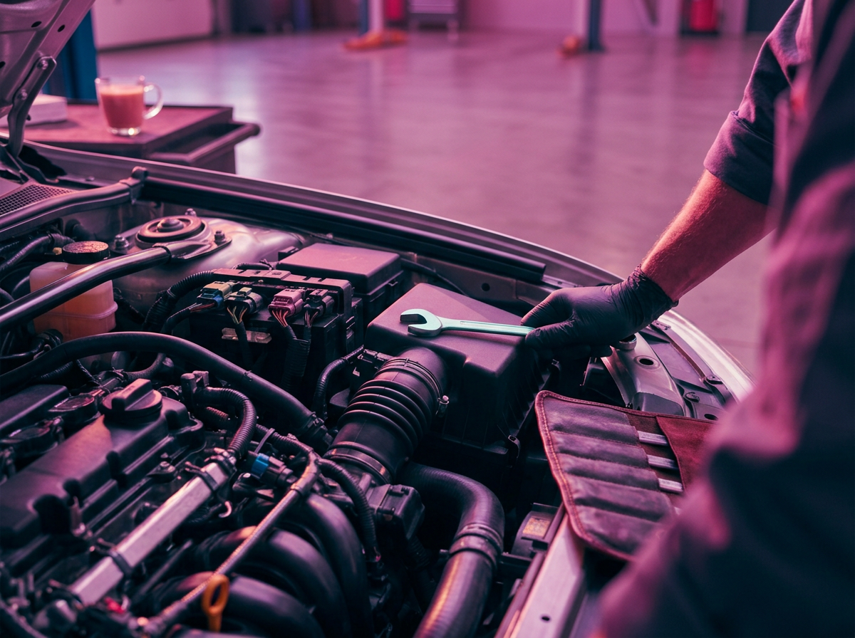 A mechanic wearing black gloves working on a car engine with a wrench in a garage or workshop.