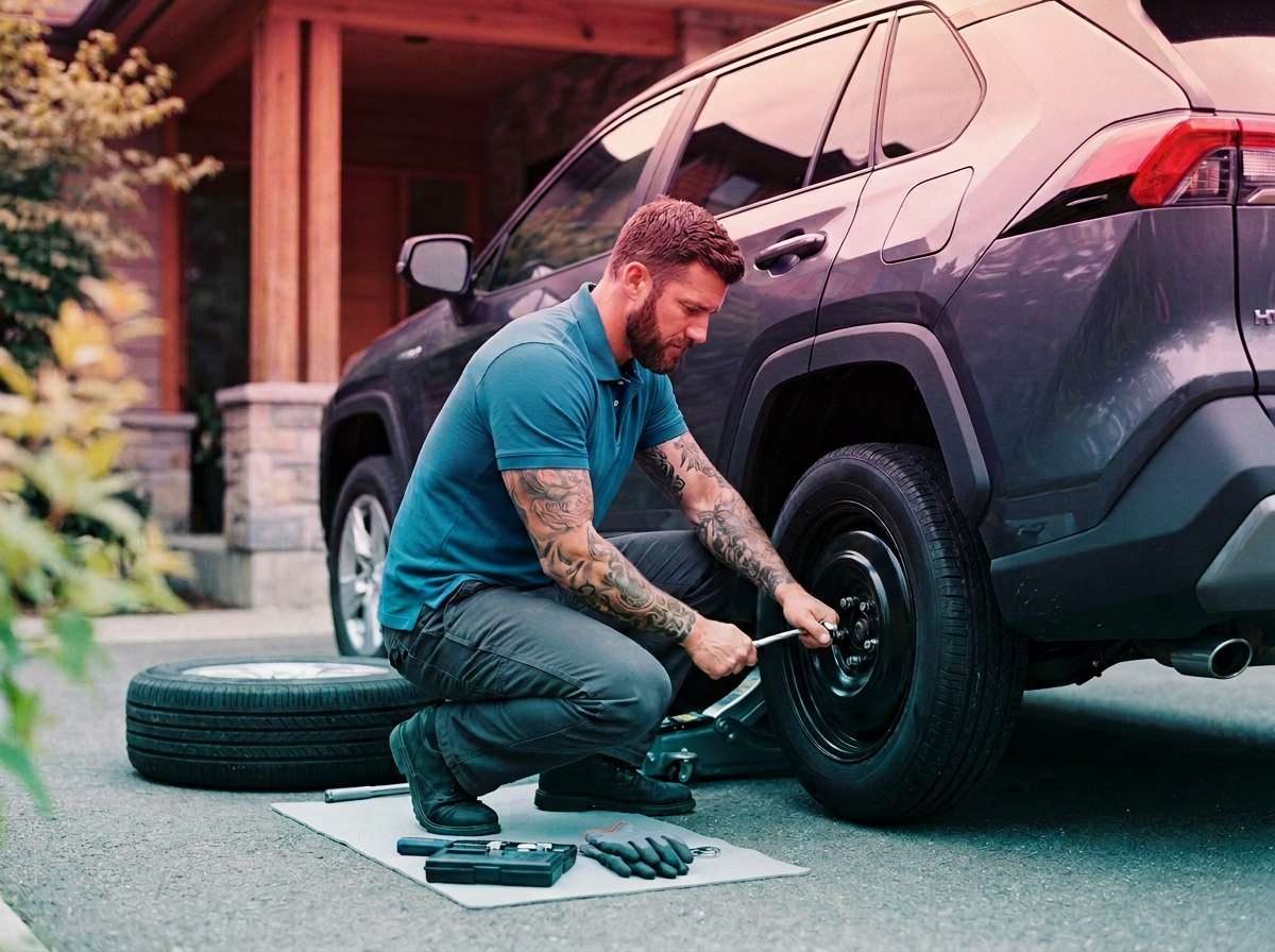 Man working on a car's tire, tightening lug nuts with a wrench outside a house during daytime.
