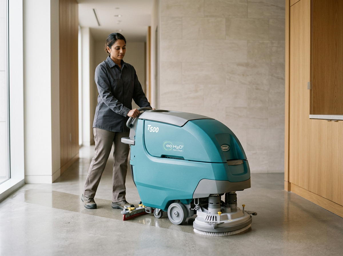 A person operating a large floor cleaning machine in a building corridor.