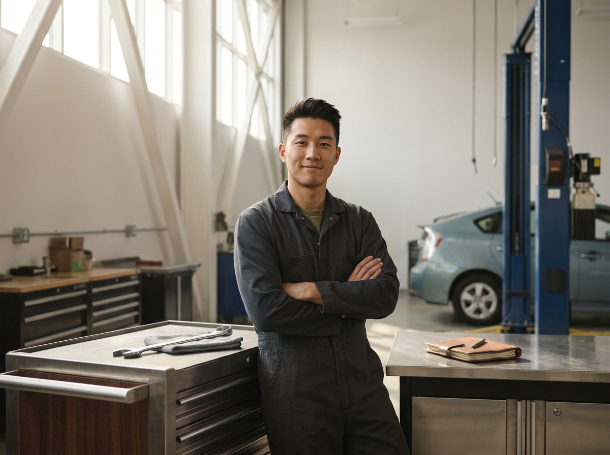 A young man in a mechanic's uniform standing in an auto repair shop with arms crossed, next to a tool chest and a workbench, with a car and car lift in the background.